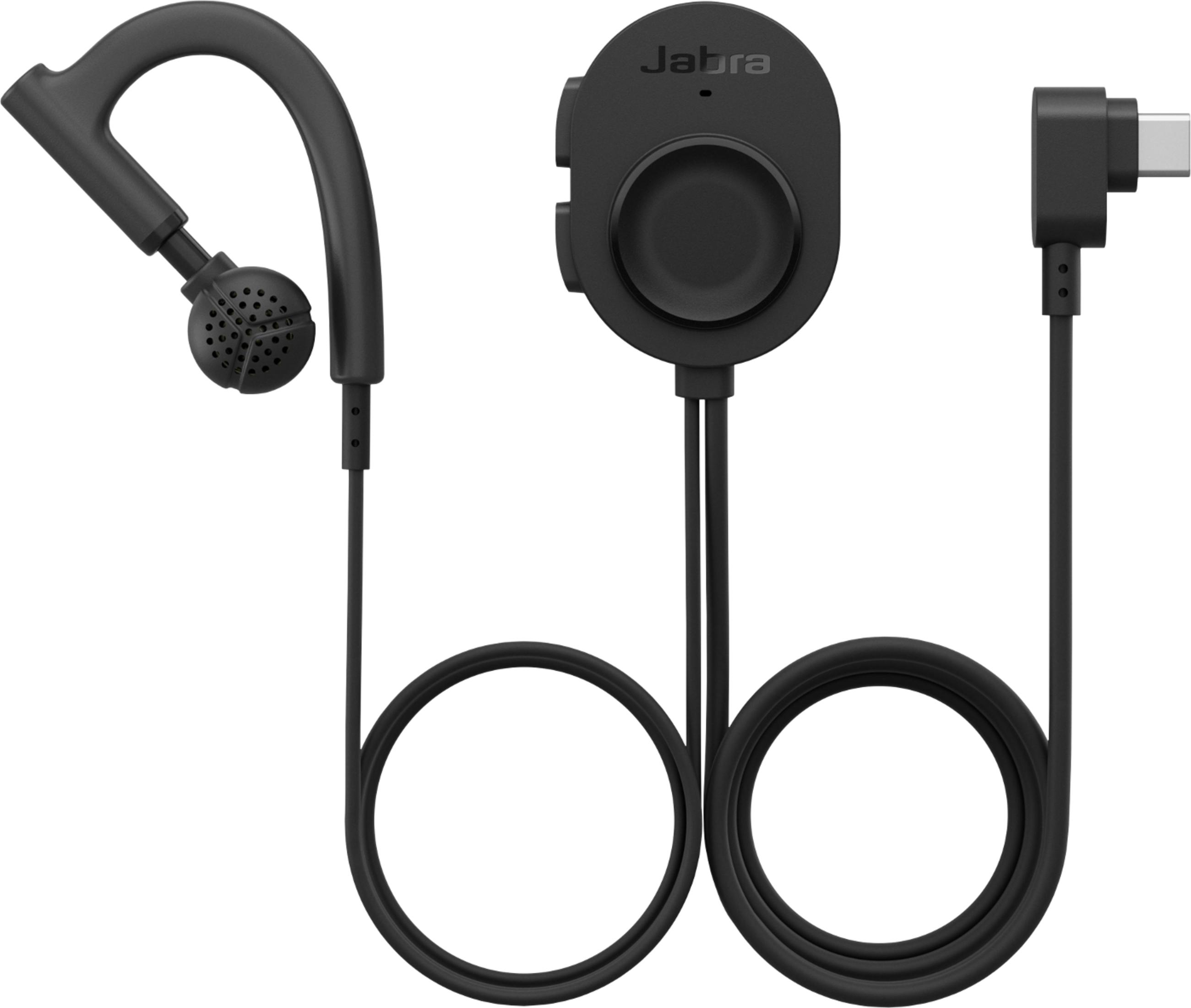 Auricolare Jabra nero con connettore USB-C e cavo.