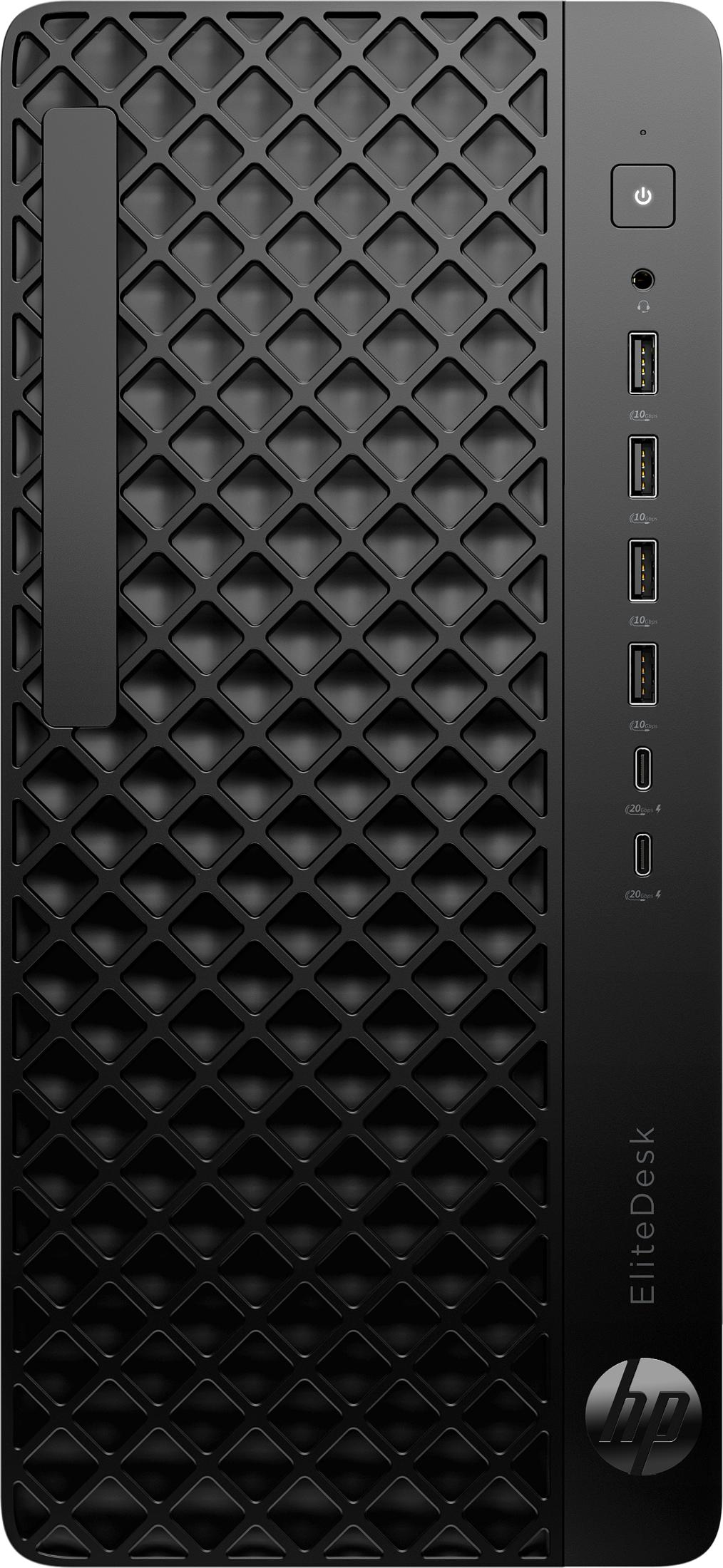 Computer HP EliteDesk nero con pulsante di accensione, porte USB e motivo a griglia.