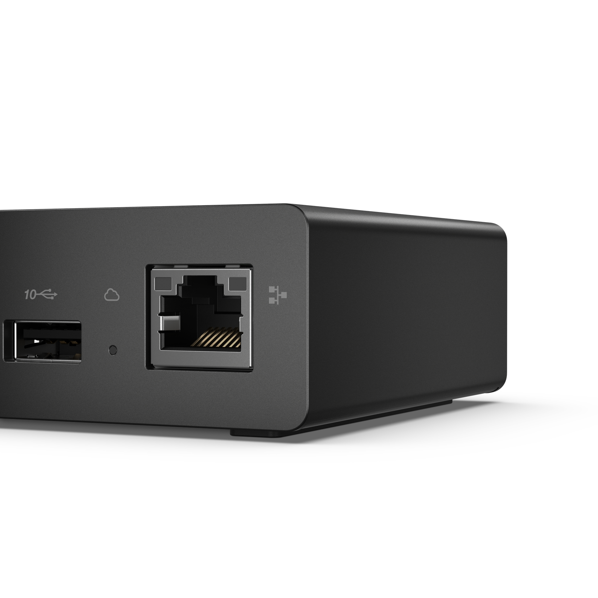 Black tech device with USB, LAN, and cloud ports.