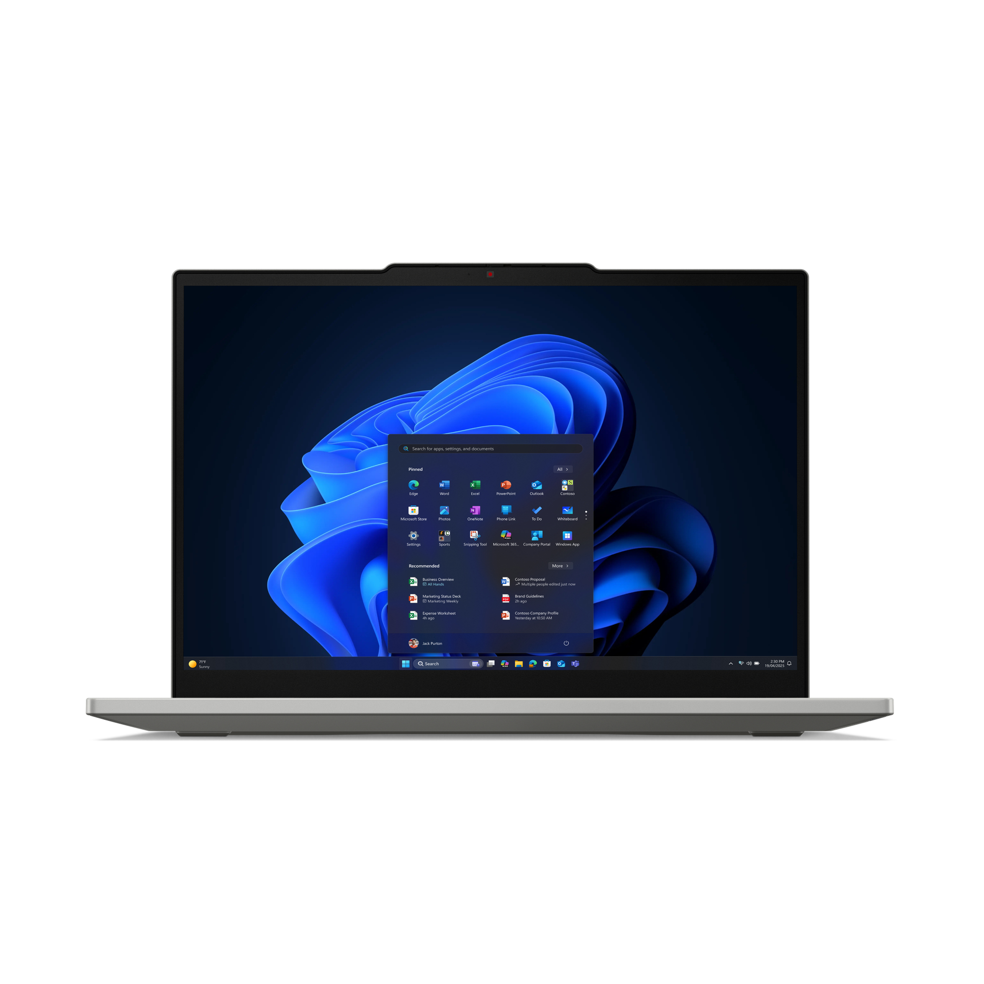Ein moderner Laptop mit einem dunklen Hintergrund und einem blauen Wellenmuster. Das Startmenü ist geöffnet.