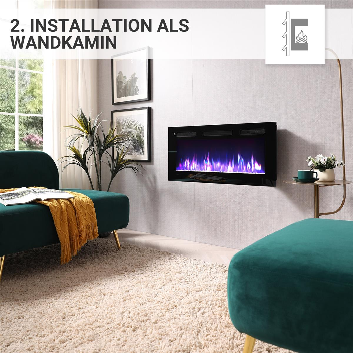 Ein moderner Wohnraum mit einem eingebauten Elektrokamin, der blaue Flammen zeigt.