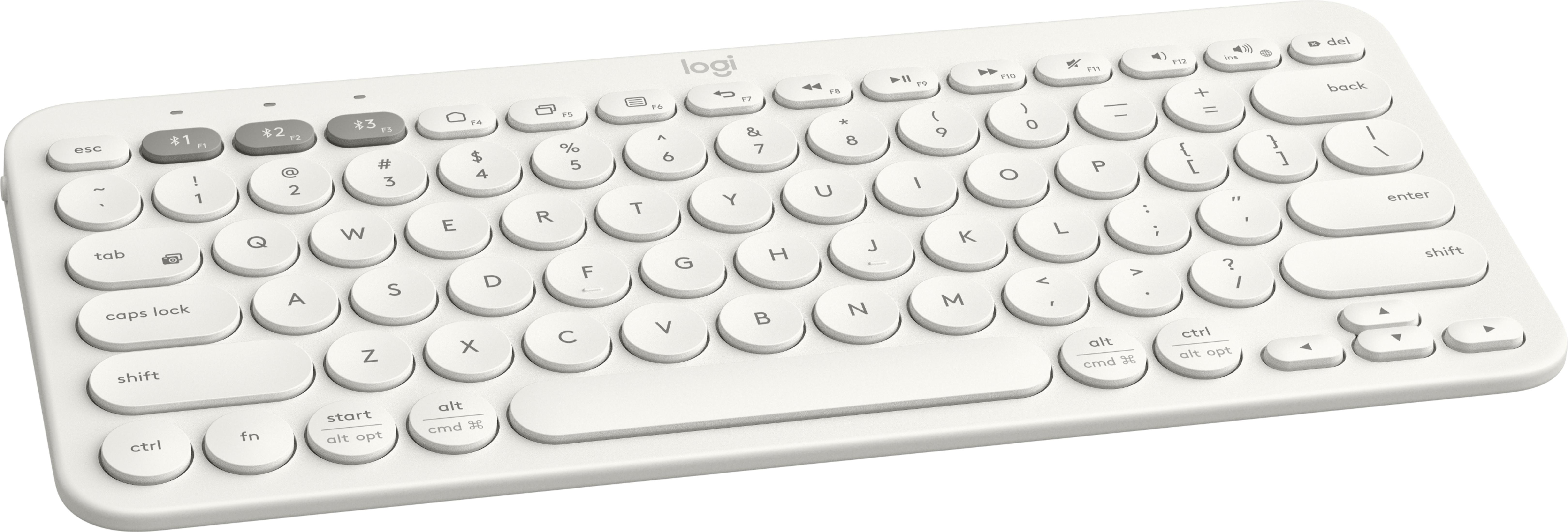 Weiße Logitech-Tastatur mit runden Tasten und Bluetooth-Symbolen.