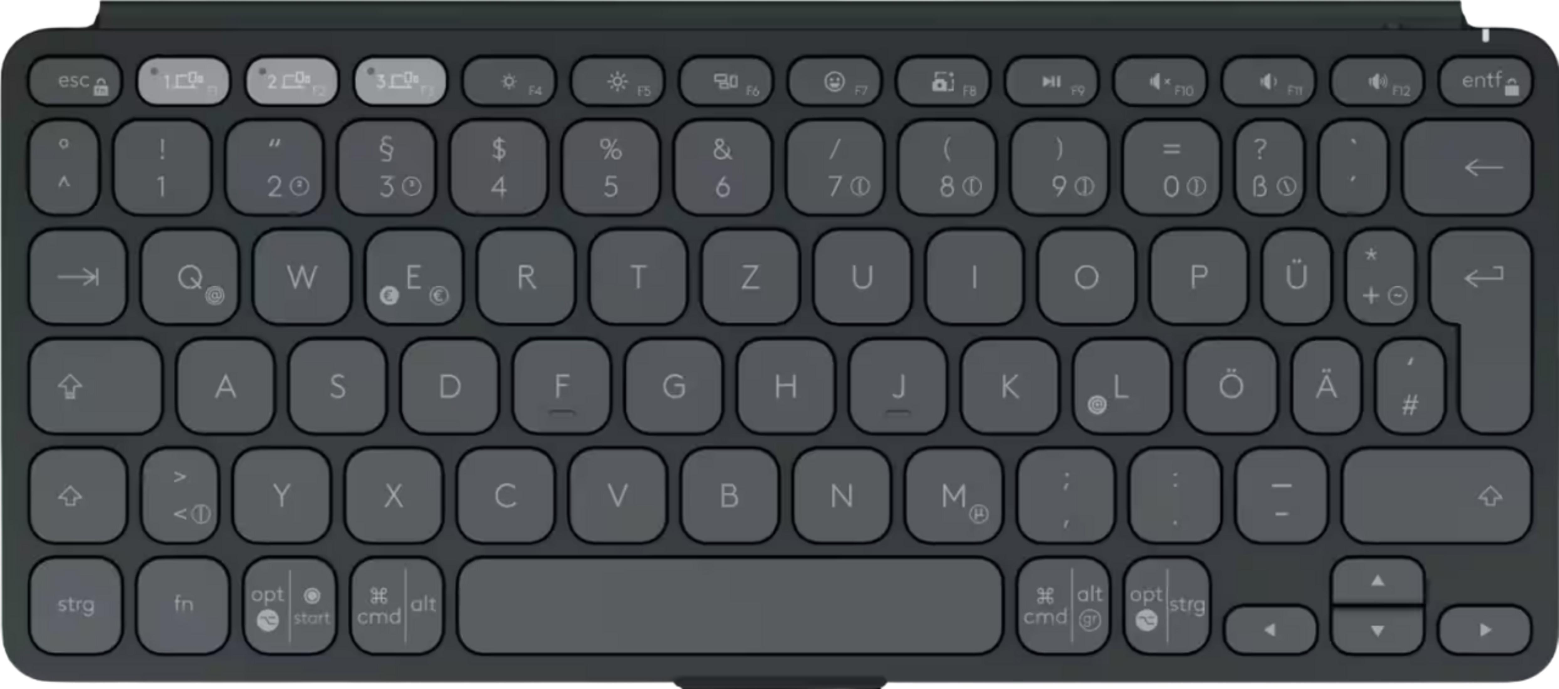 Un clavier sombre avec des touches grises et des lettres blanches.