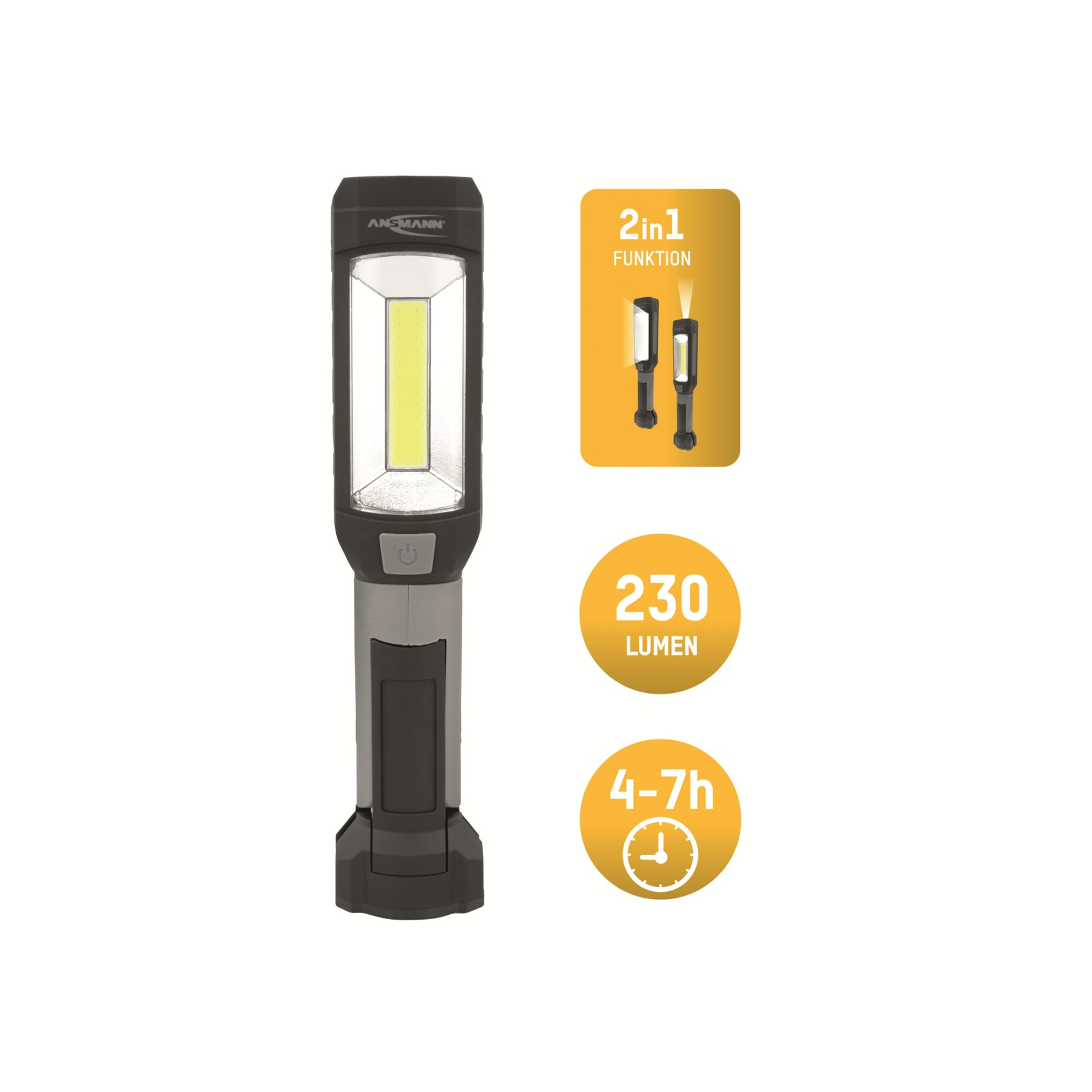 Schwarze Arbeitsleuchte mit gelbem LED-Streifen, 230 Lumen, 4-7 Std.