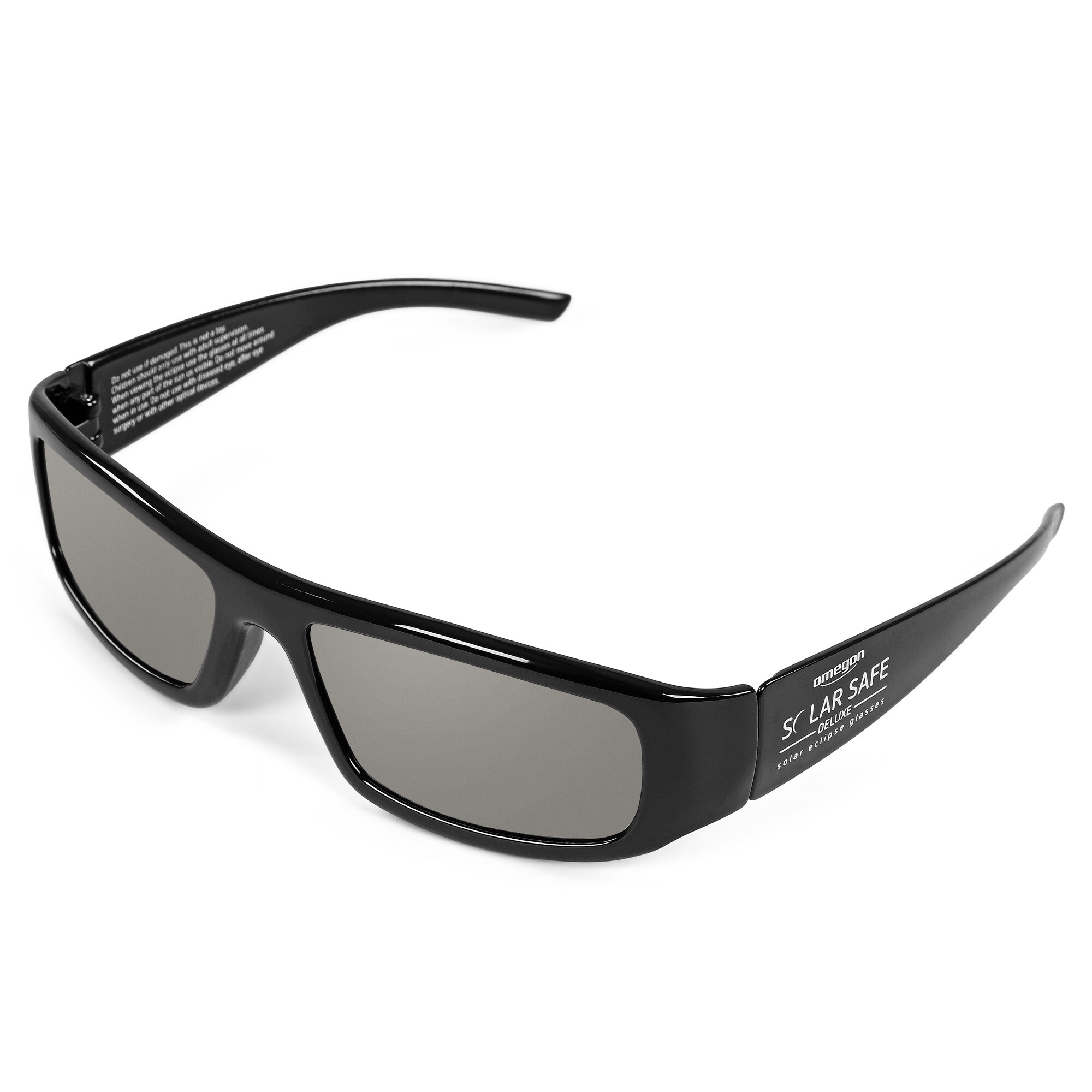Schwarze Sonnenfinsternisbrille mit grauen Gläsern und Aufschrift.