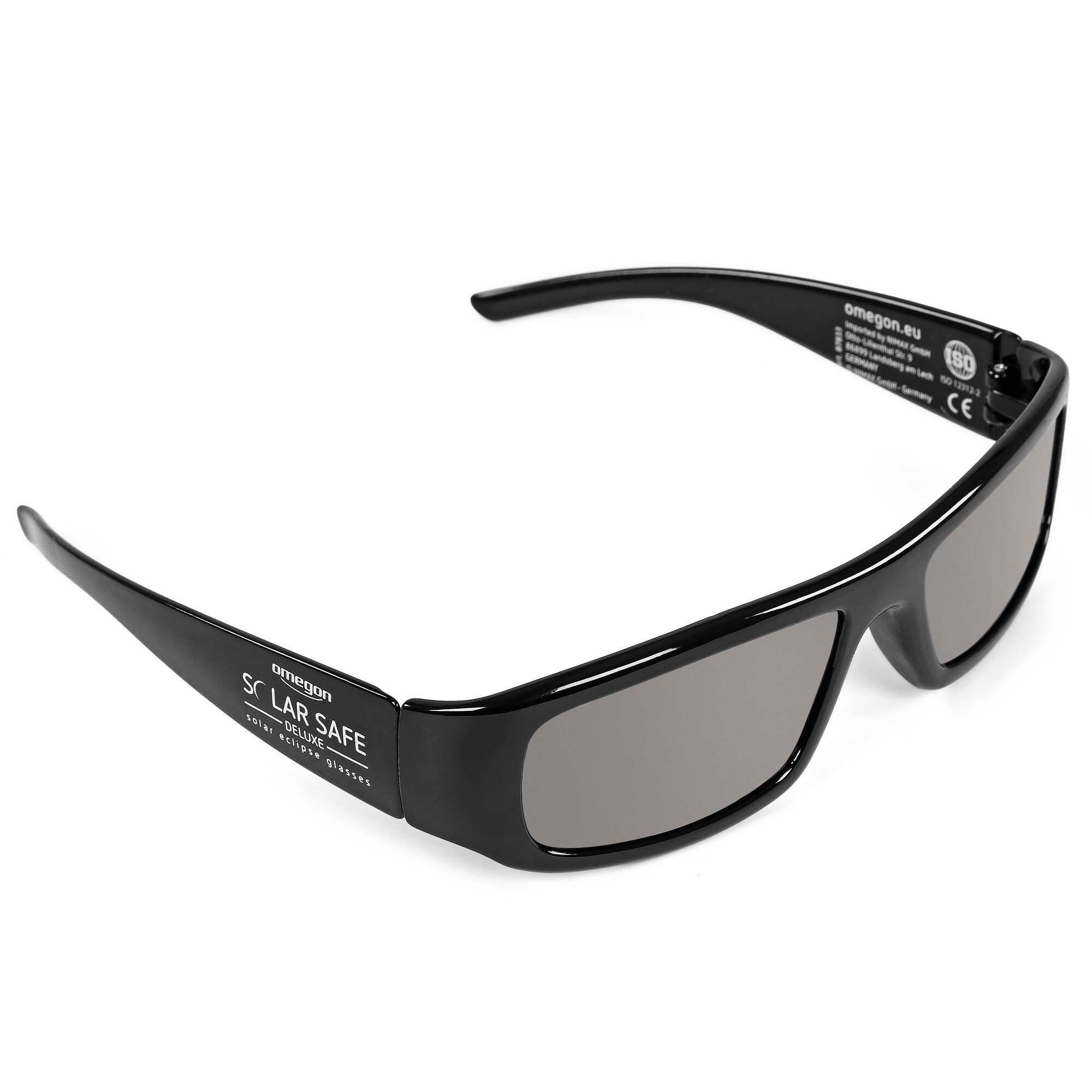 Schwarze Solar-Eclipse-Brille mit getönten Gläsern und Aufdruck.