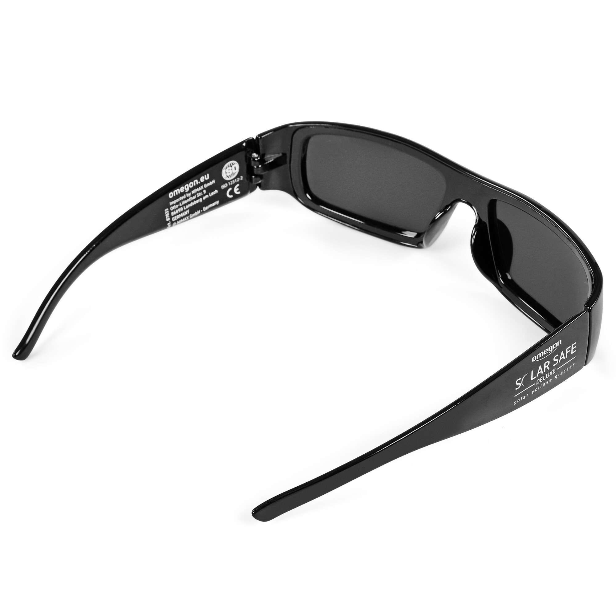 Schwarze Sonnenbrille mit dunklen Gläsern und Aufdruck 'SOLAR SAFE'.