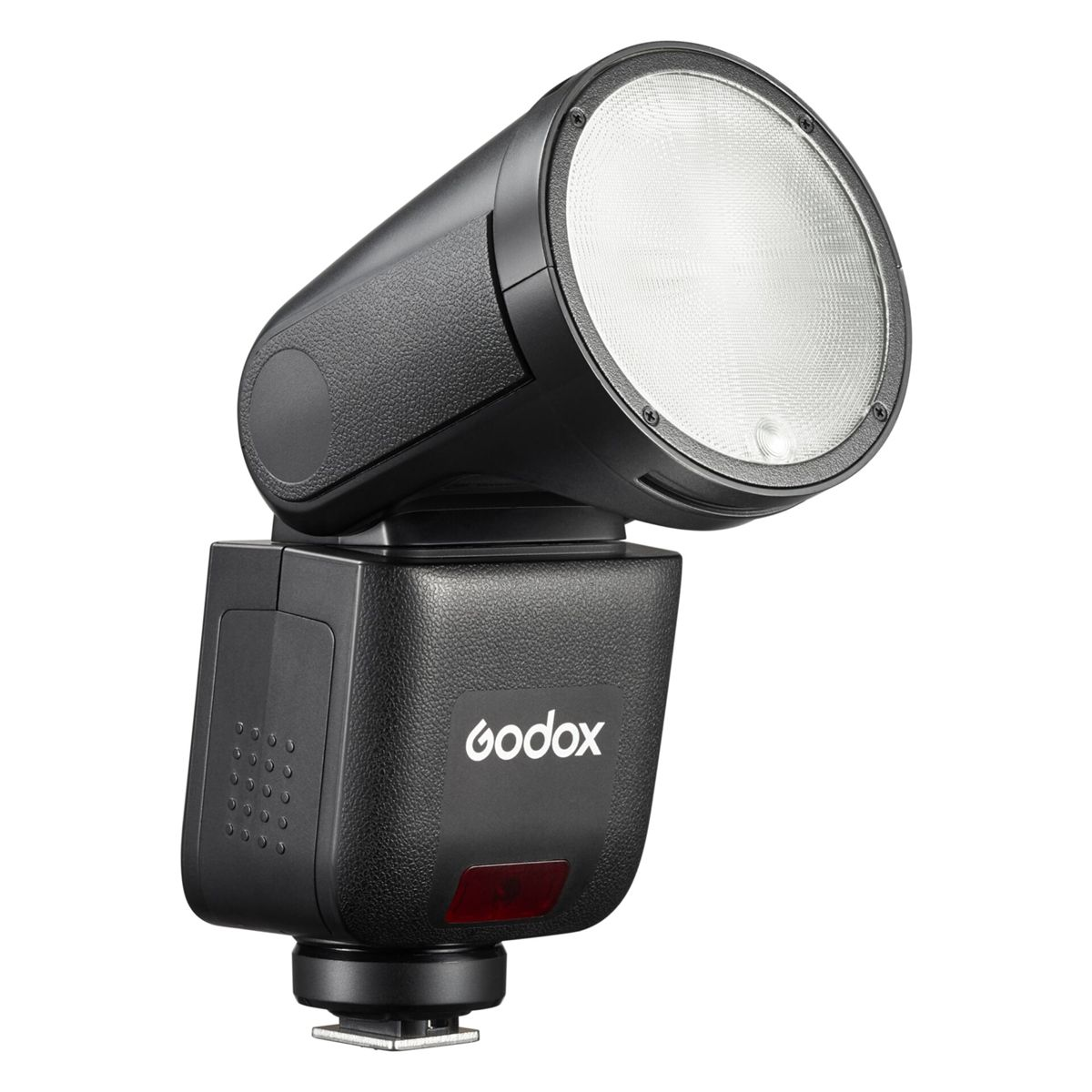 A black Godox camera flash with a round light reflector, isolated on a white background.