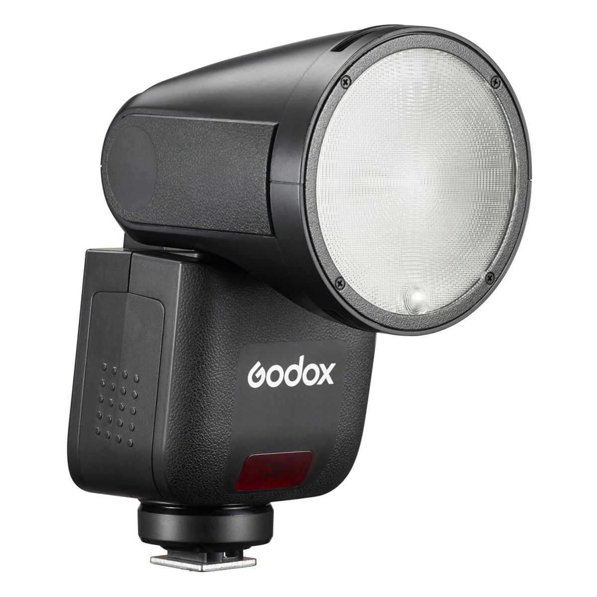 Una testa di flash Godox nera con paralume rotondo e luce rossa.