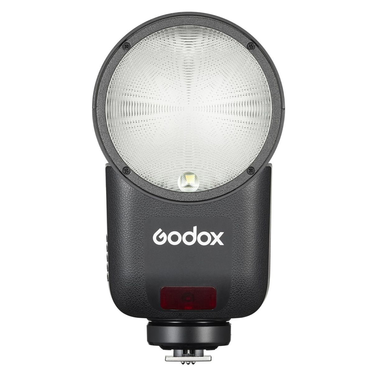 Un flash per fotocamera nero con un ampio pannello luminoso bianco rotondo e testurizzato e una piccola finestra rossa, su sfondo bianco.