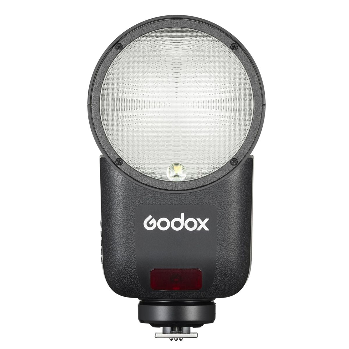 Ein Godox Blitzkopf mit einem runden Reflektor und einem LED-Licht.