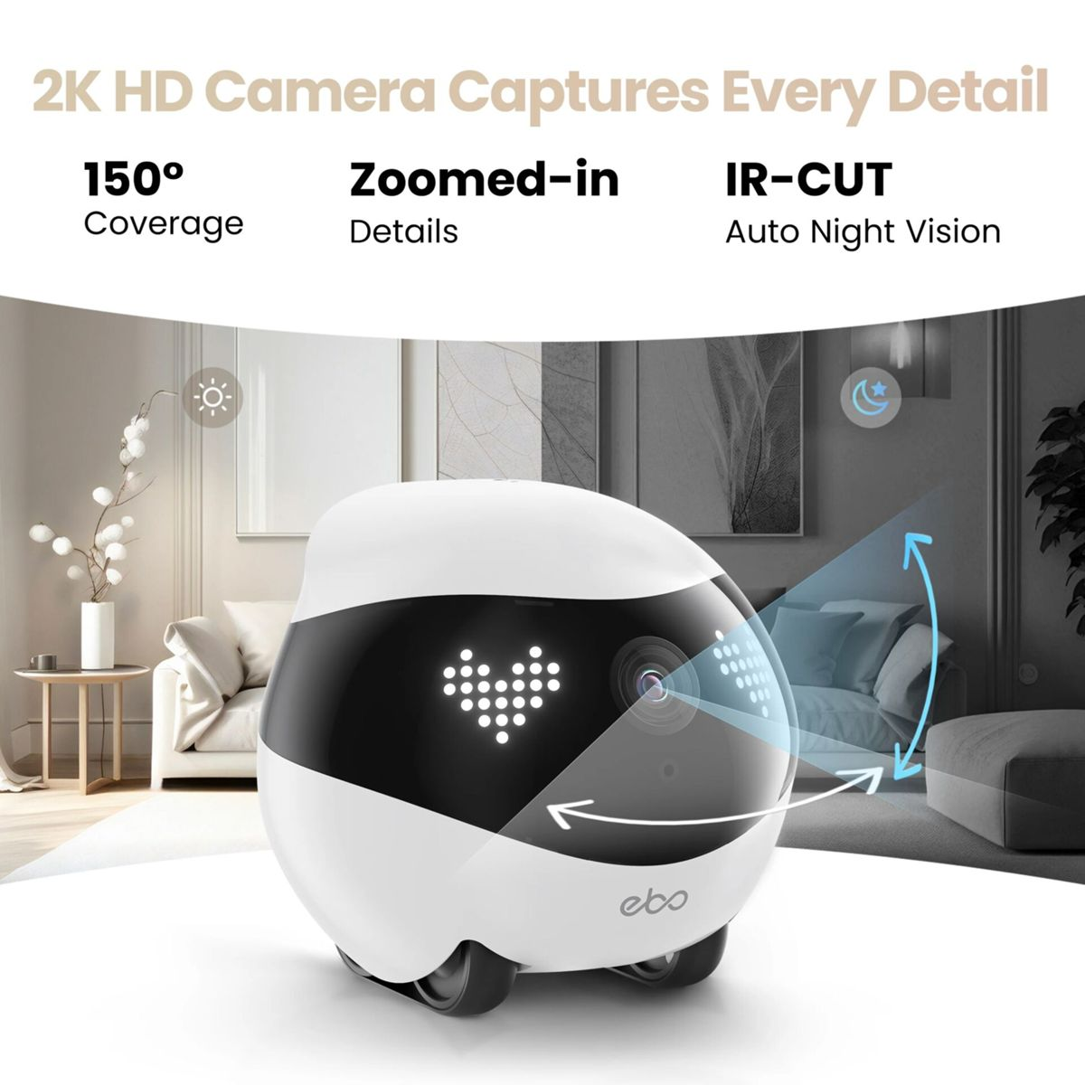 Ein weißer Roboter mit Herz-Display in einem Wohnzimmer, Nachtsicht-Anzeige.
