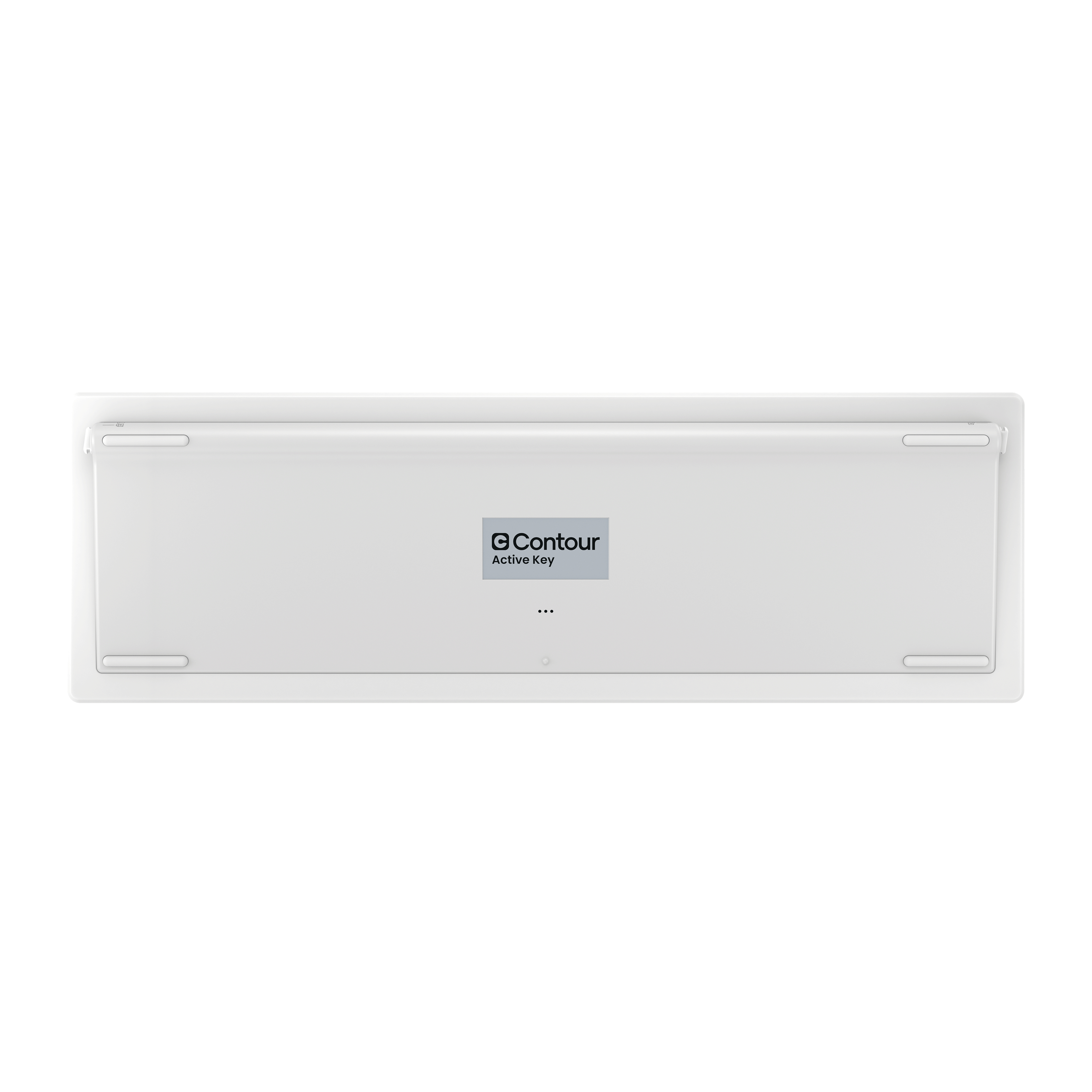 Underside of a white keyboard featuring the Contour logo and feet.