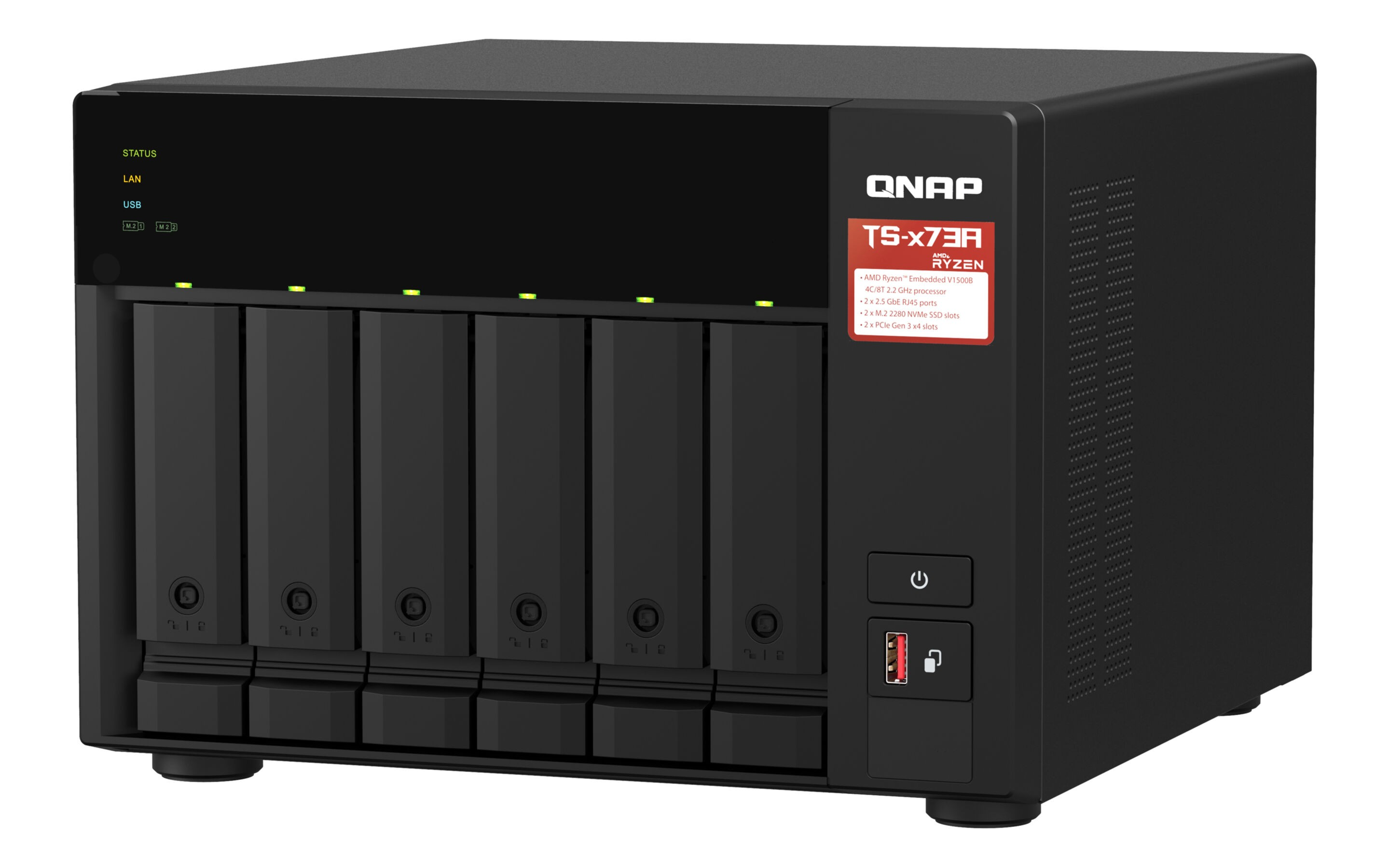 NAS QNAP negro con seis bahías para discos y luces indicadoras.