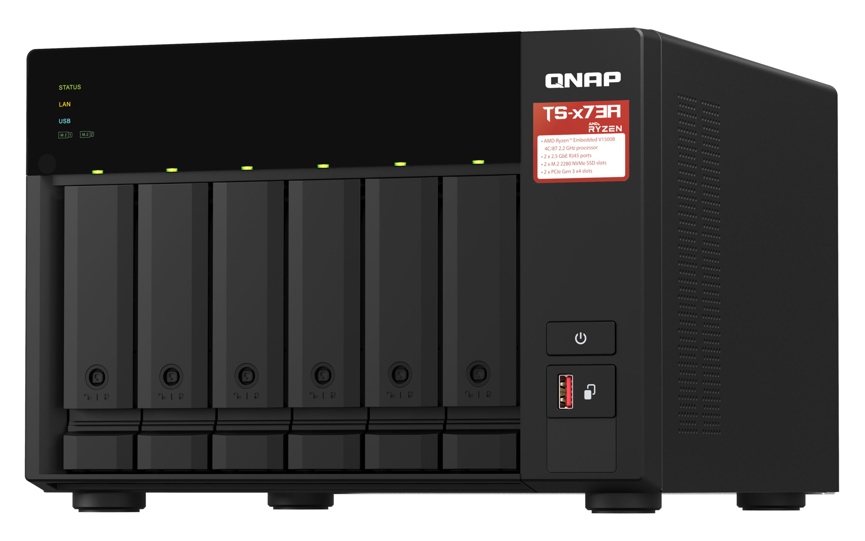 Caja NAS negra con 6 bahías de disco, LEDs de estado y logo AMD Ryzen.