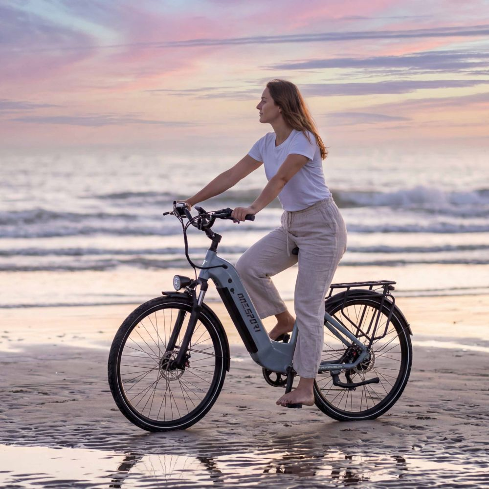 Una donna guida una e-bike grigia sulla spiaggia al tramonto.