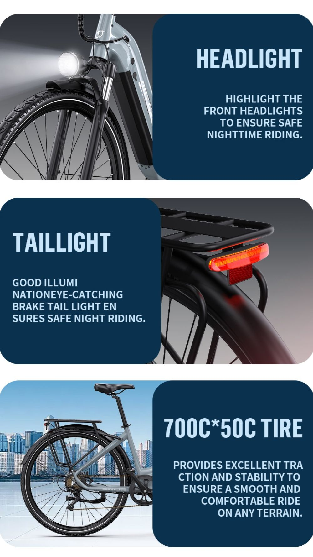 Una bicicletta grigia con faro, fanale posteriore e pneumatici 700x50c.