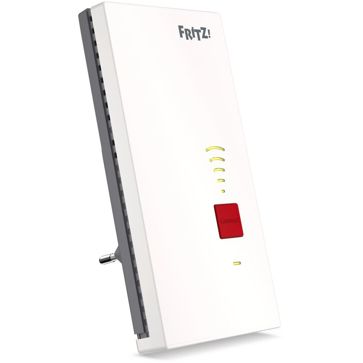 A white Fritz! Wi-Fi repeater with a red Connect button and signal bars.