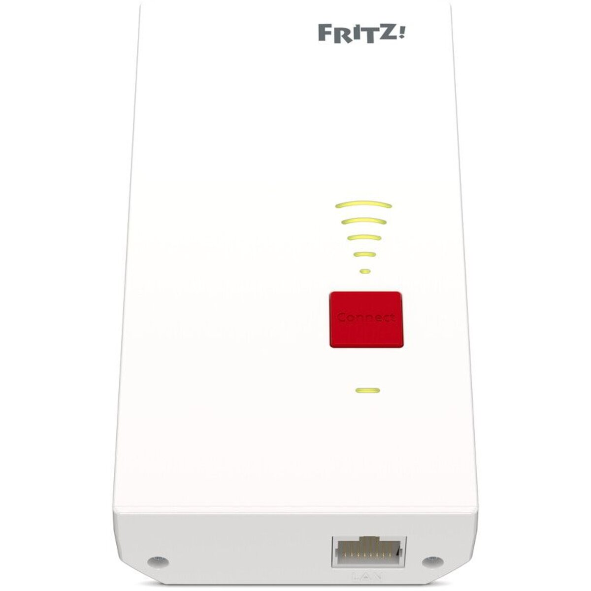 White Fritz!Box Wi-Fi extender with red connect button and LAN port.