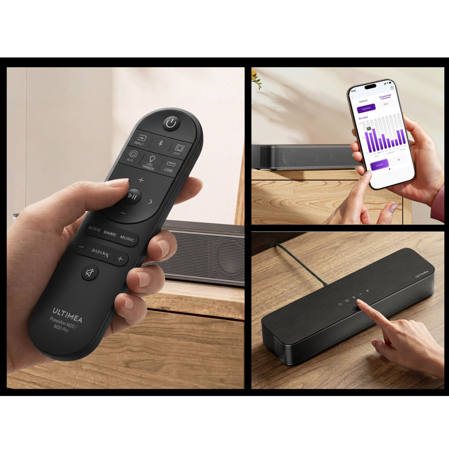 Télécommande et barre de son avec contrôle via application smartphone sur table.
