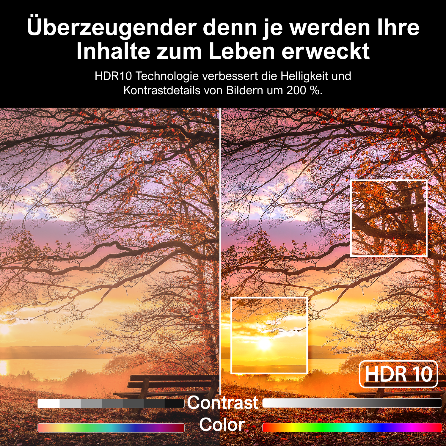 HDR10-Vergleich: Sonnenuntergang mit Bäumen, Bank und Fluss. Links Standard, rechts HDR10.