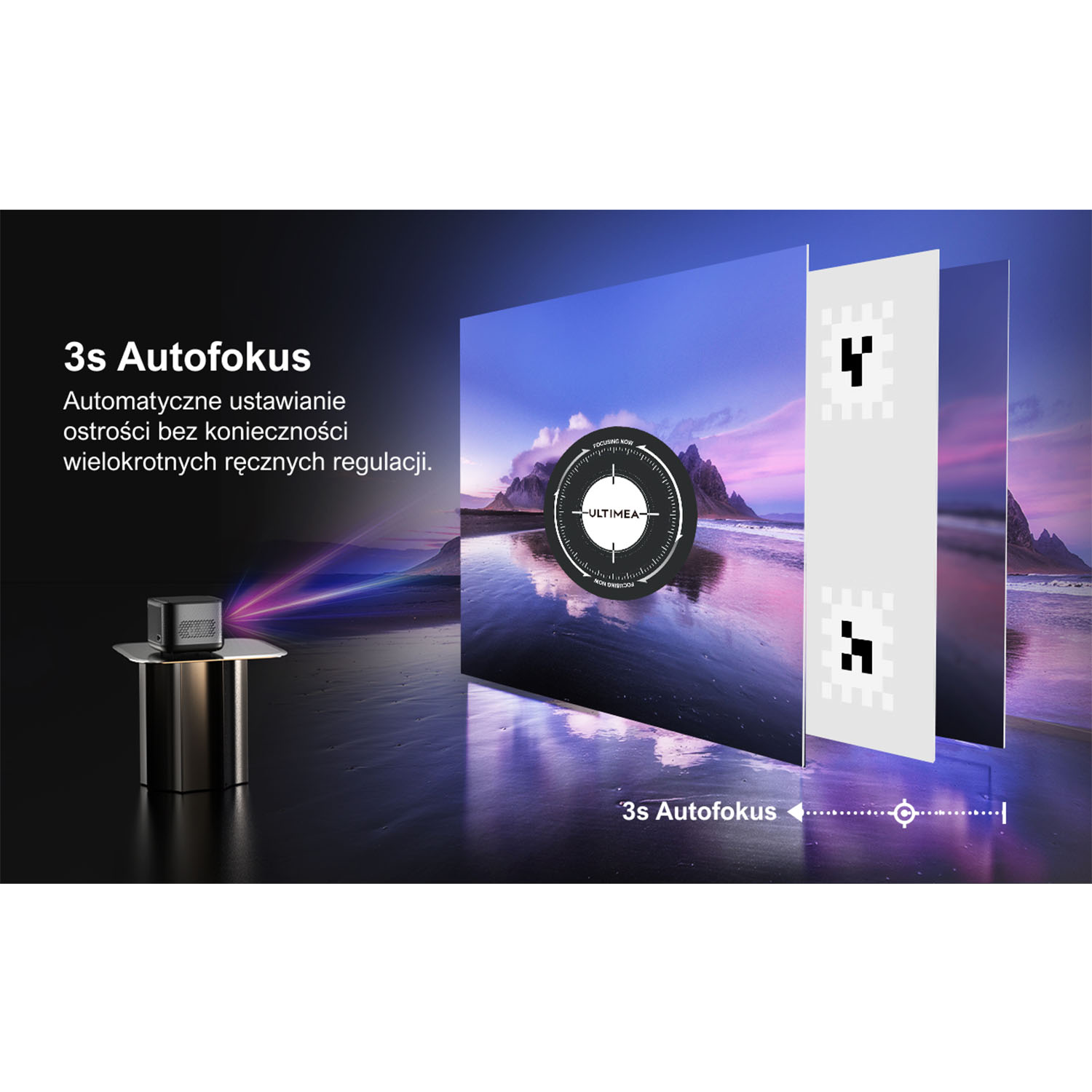 Projektor wyświetla snopy światła na ekranie z obrazem.