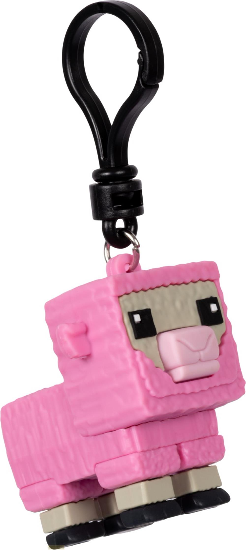 Ein pinkes Minecraft-Schaf-Schlüsselanhänger-Spielzeug mit schwarzem Haken.