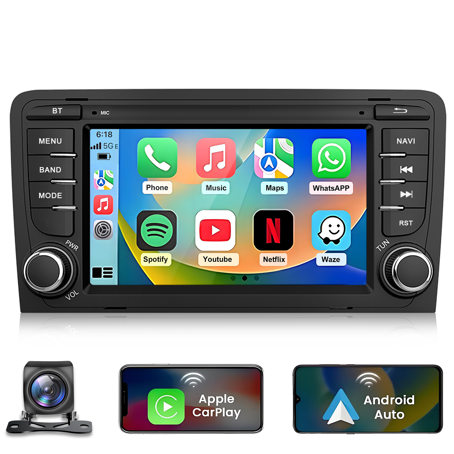 Radio samochodowe z ekranem dotykowym pokazującym ikony aplikacji. Poniżej kamera i dwa smartfony.