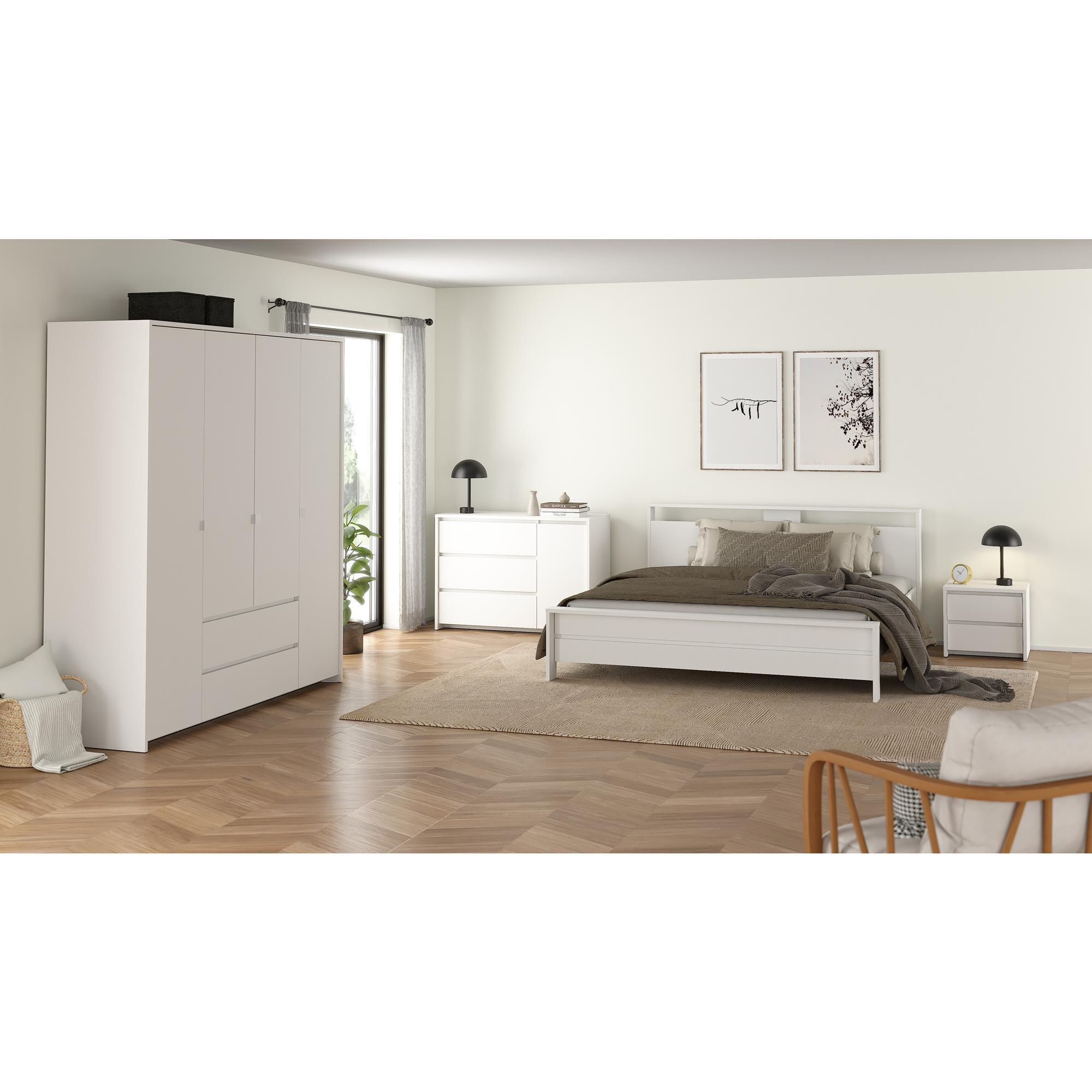 Un dormitorio moderno con cama blanca, armario, cómoda y dos cuadros.