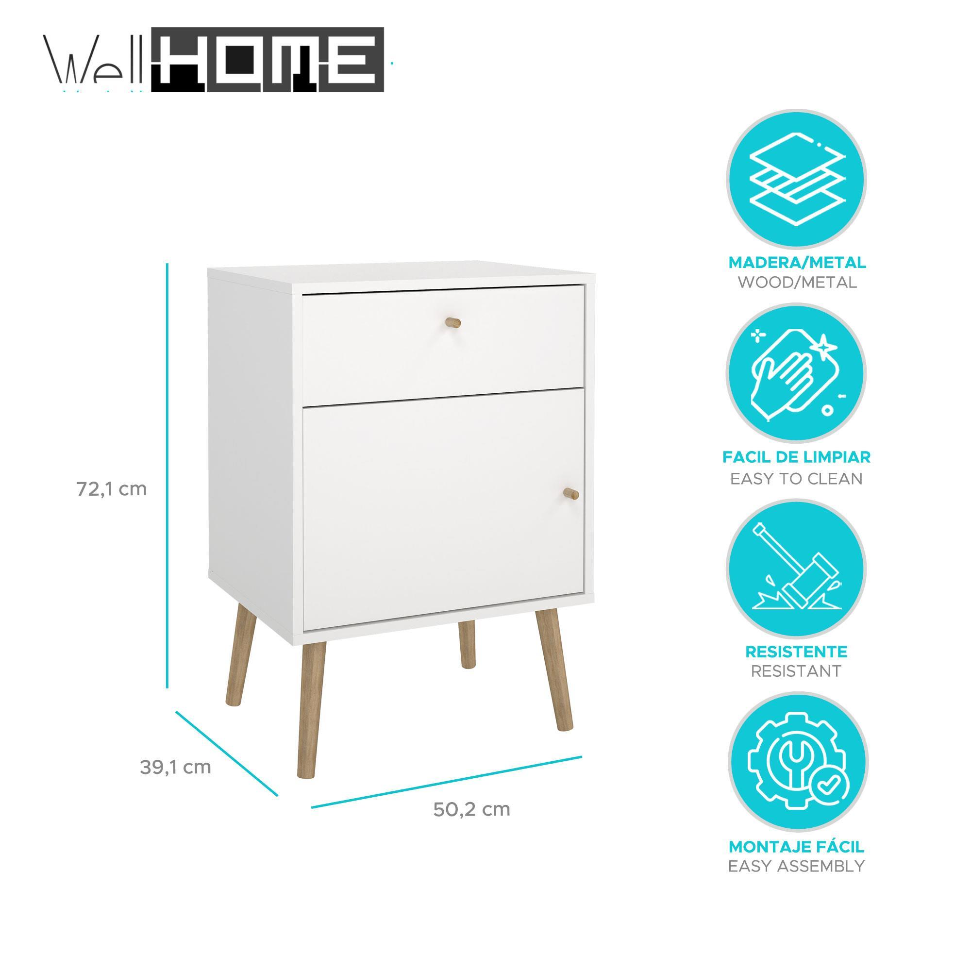 Una mesita de noche blanca con patas de madera y un cajón, se muestran las dimensiones.