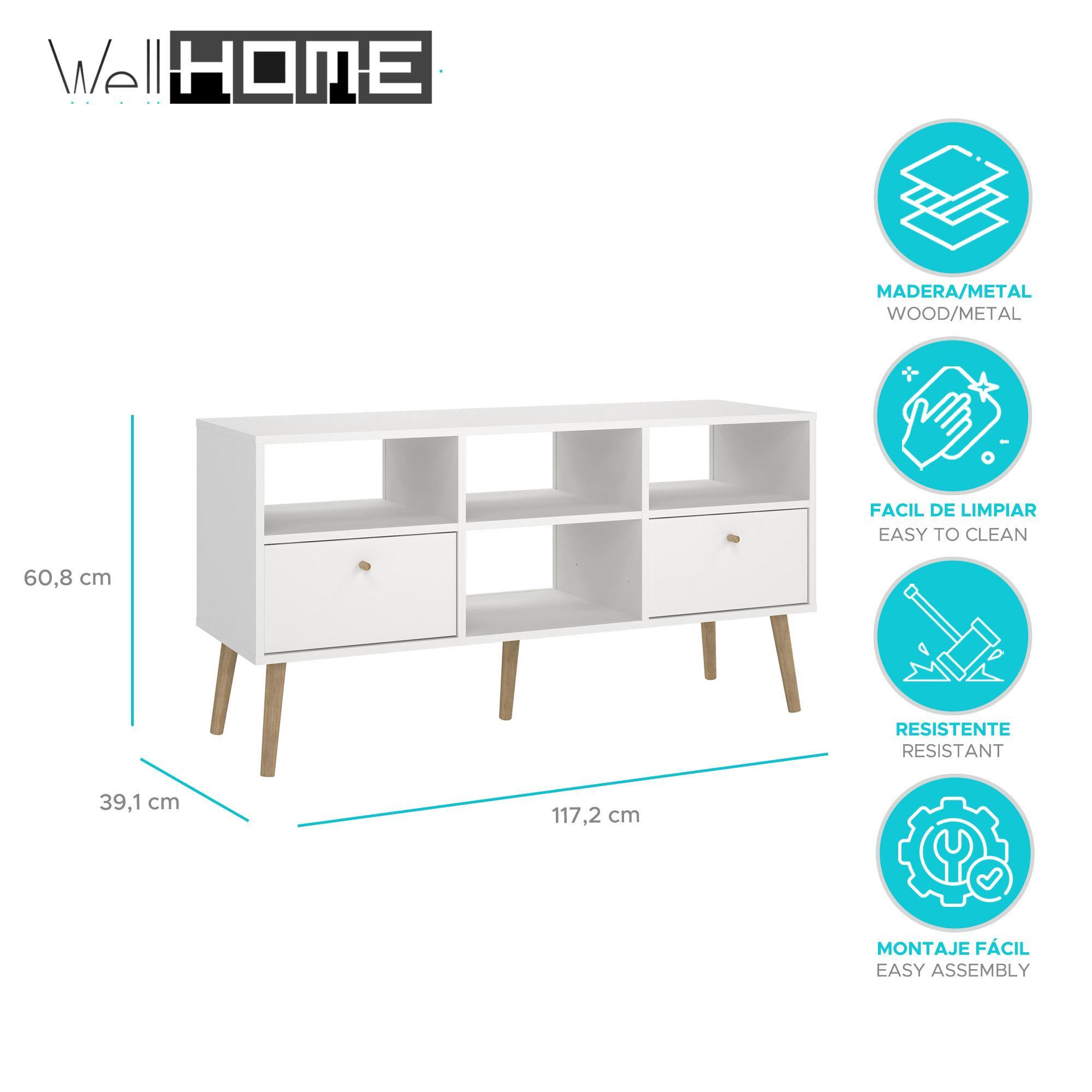 Un mueble de estantería blanco con patas de madera, mostrando dimensiones e iconos.