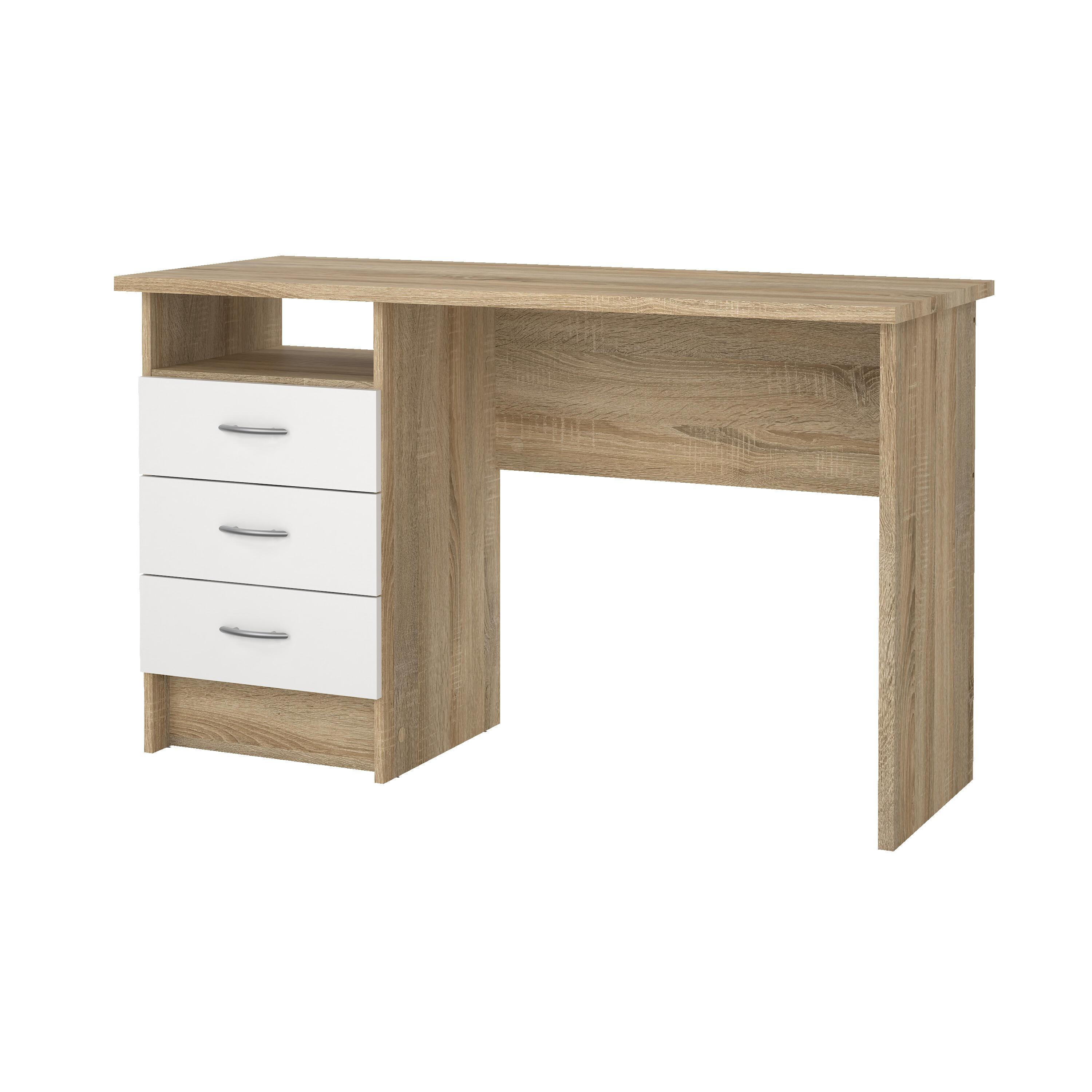 Un escritorio de madera clara con tres cajones blancos y un compartimento abierto.