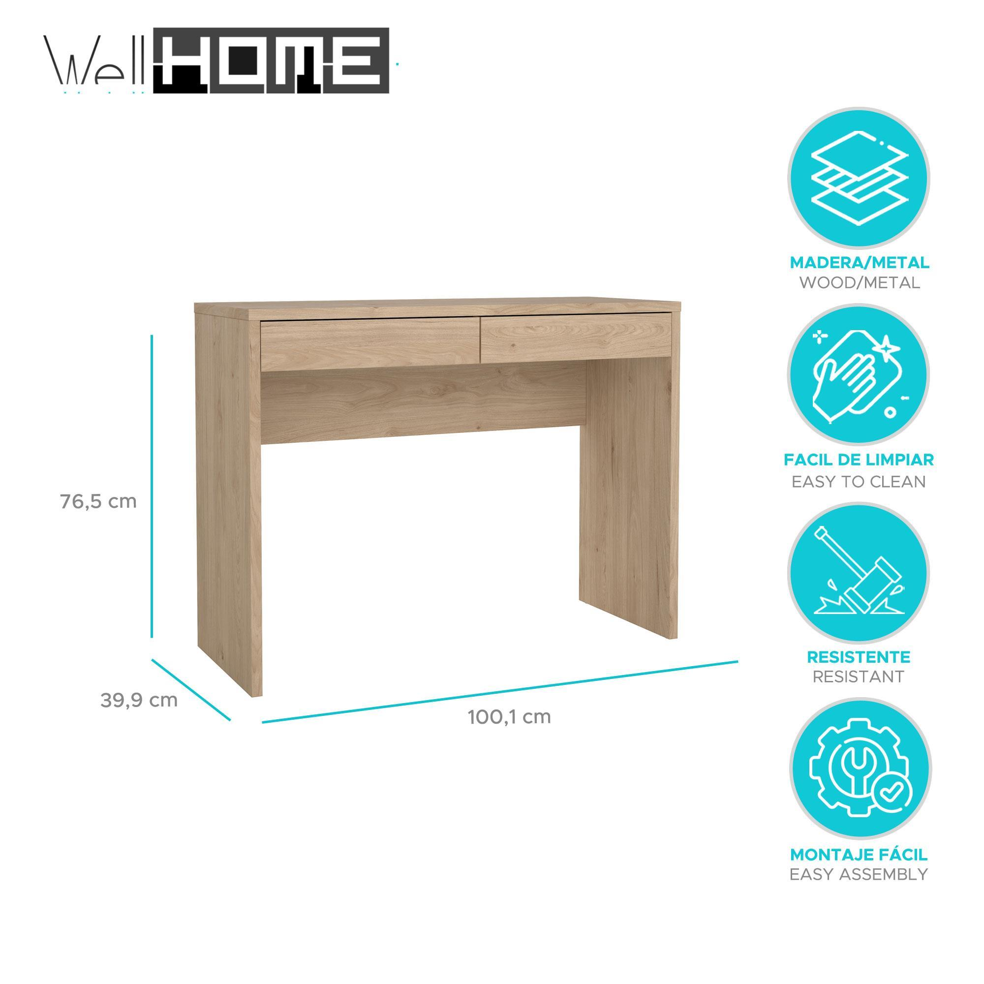 Un escritorio de madera con dos cajones. Medidas: 100x39x76 cm. Fácil de limpiar y montar.