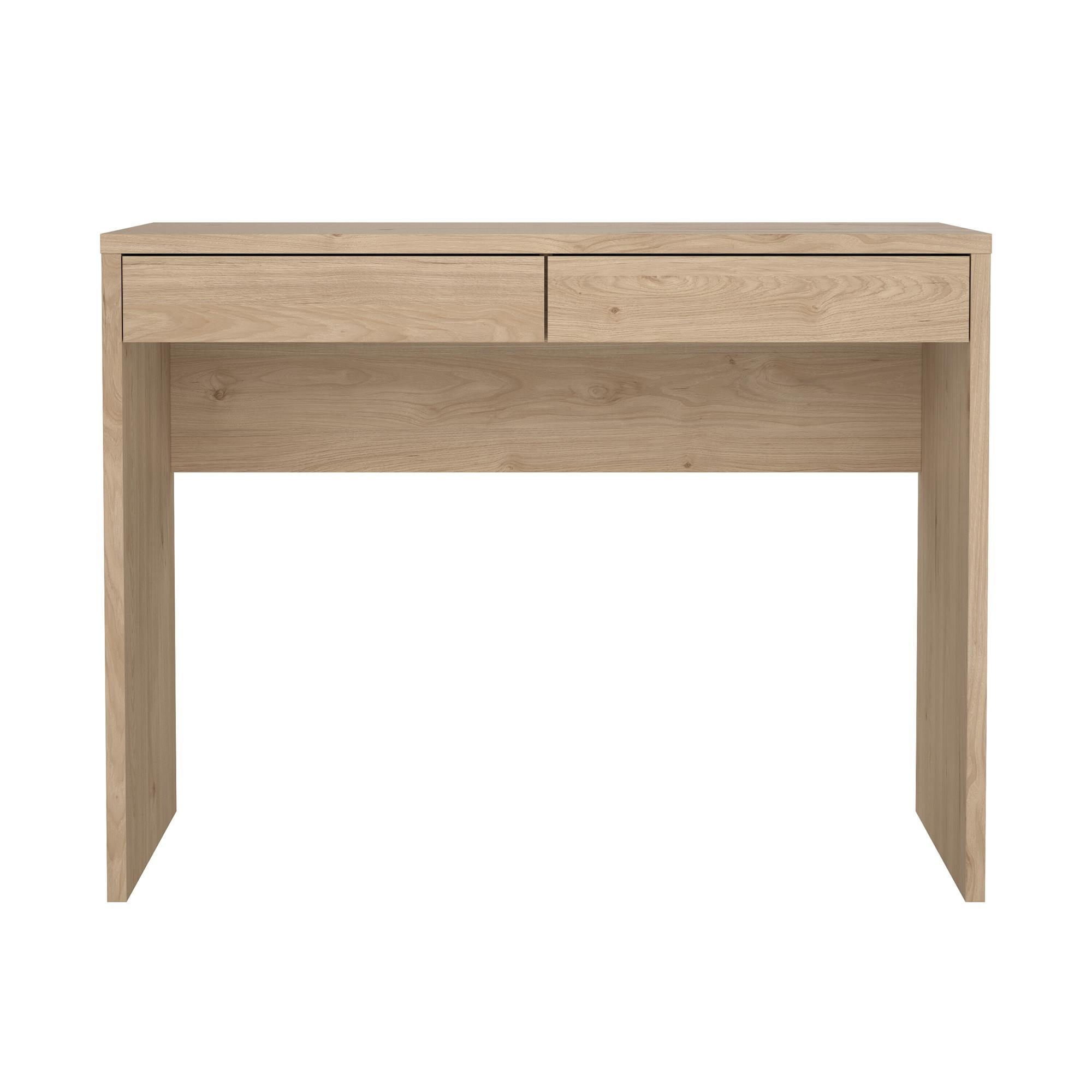 Un escritorio de madera clara con dos cajones.