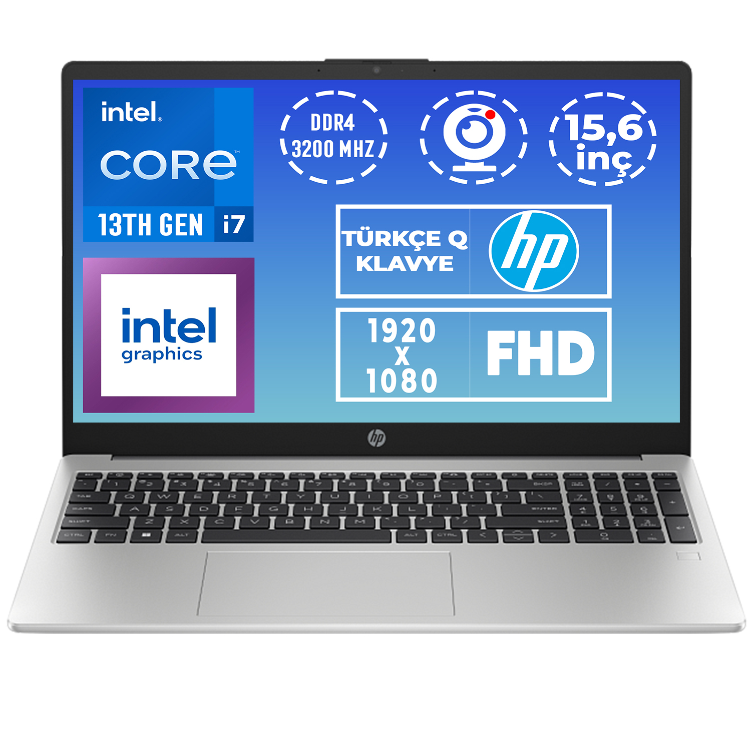 Gümüş HP dizüstü bilgisayar Intel Core i7, 13. Nesil, 3200 MHz DDR4, 15,6 inç FHD.