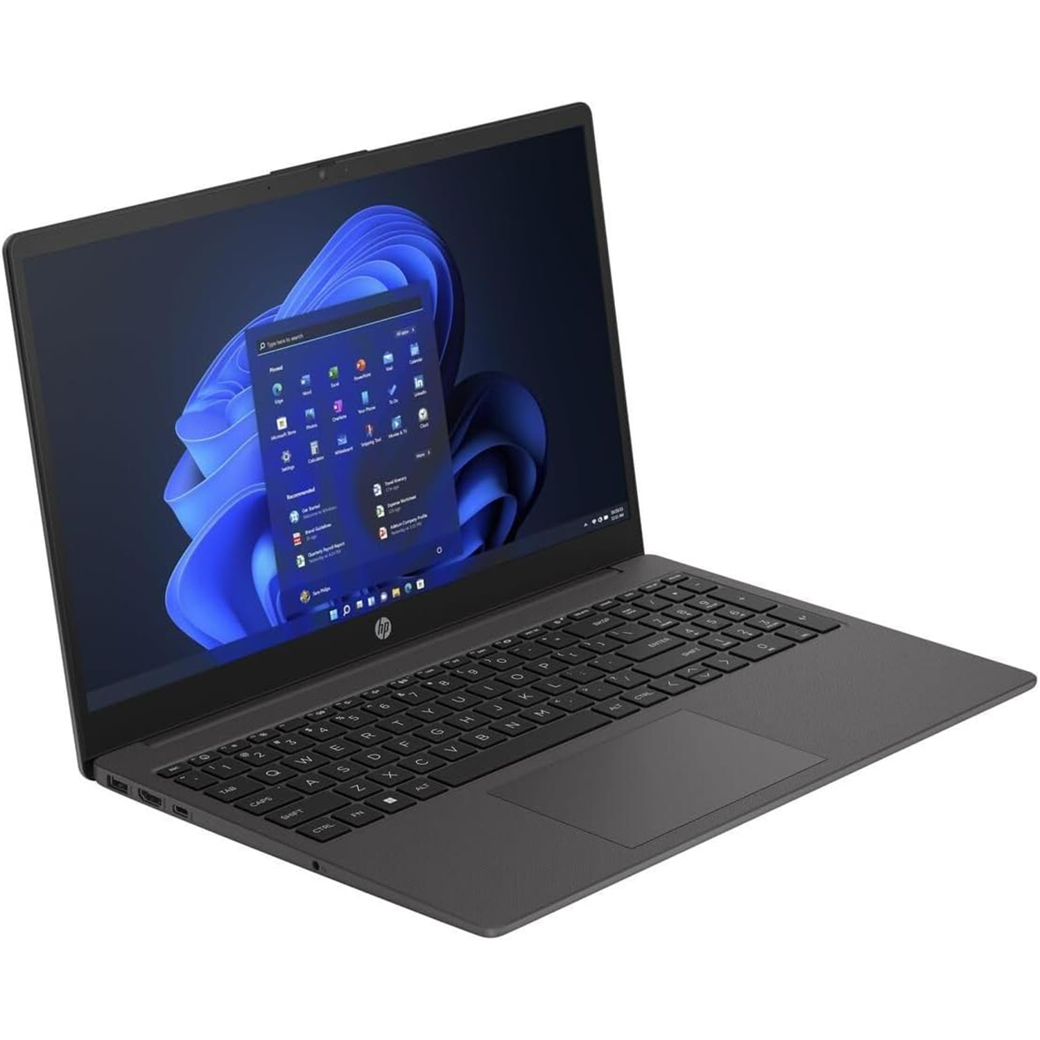 Windows 11 başlangıç menüsünü gösteren aydınlatılmış ekrana sahip koyu renk HP dizüstü bilgisayar.