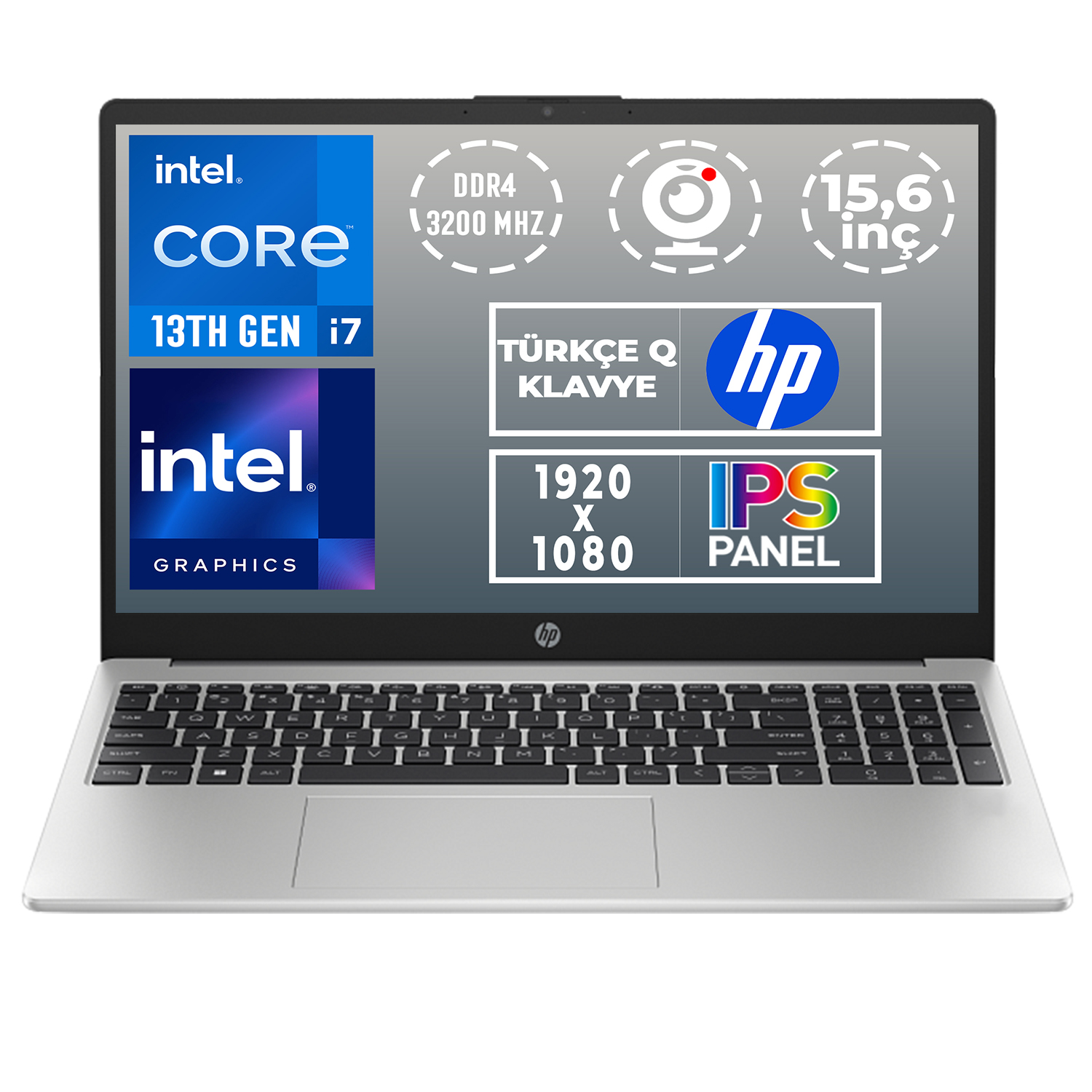 Gümüş HP dizüstü bilgisayar, Intel Core i7 13. Nesil, 15,6 inç IPS ekran.