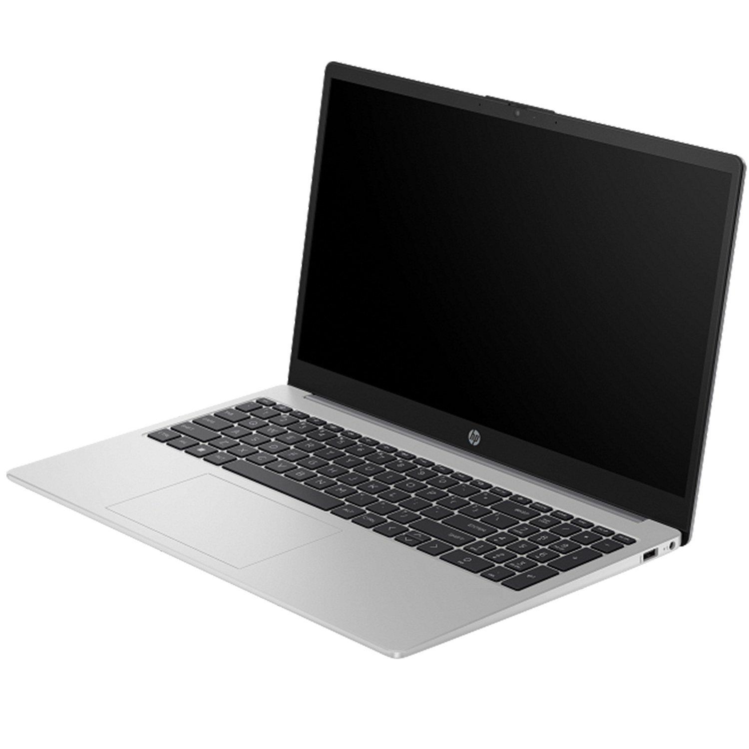 Gümüş rengi HP dizüstü bilgisayar, siyah klavye ve ekran, beyaz arka plan.