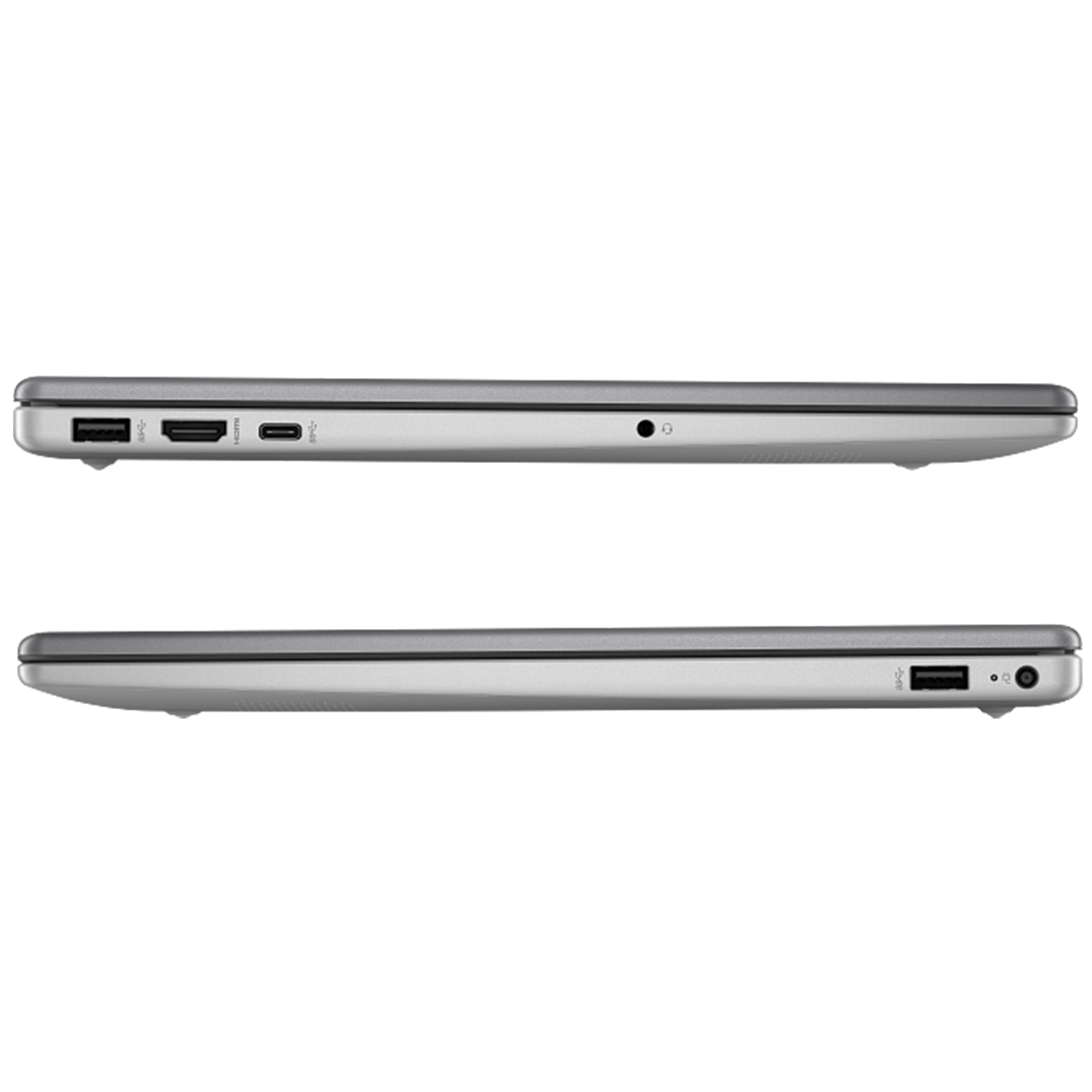 Gümüş renkli dizüstü bilgisayar kenarı: USB, HDMI, USB-C ve ses jakı.
