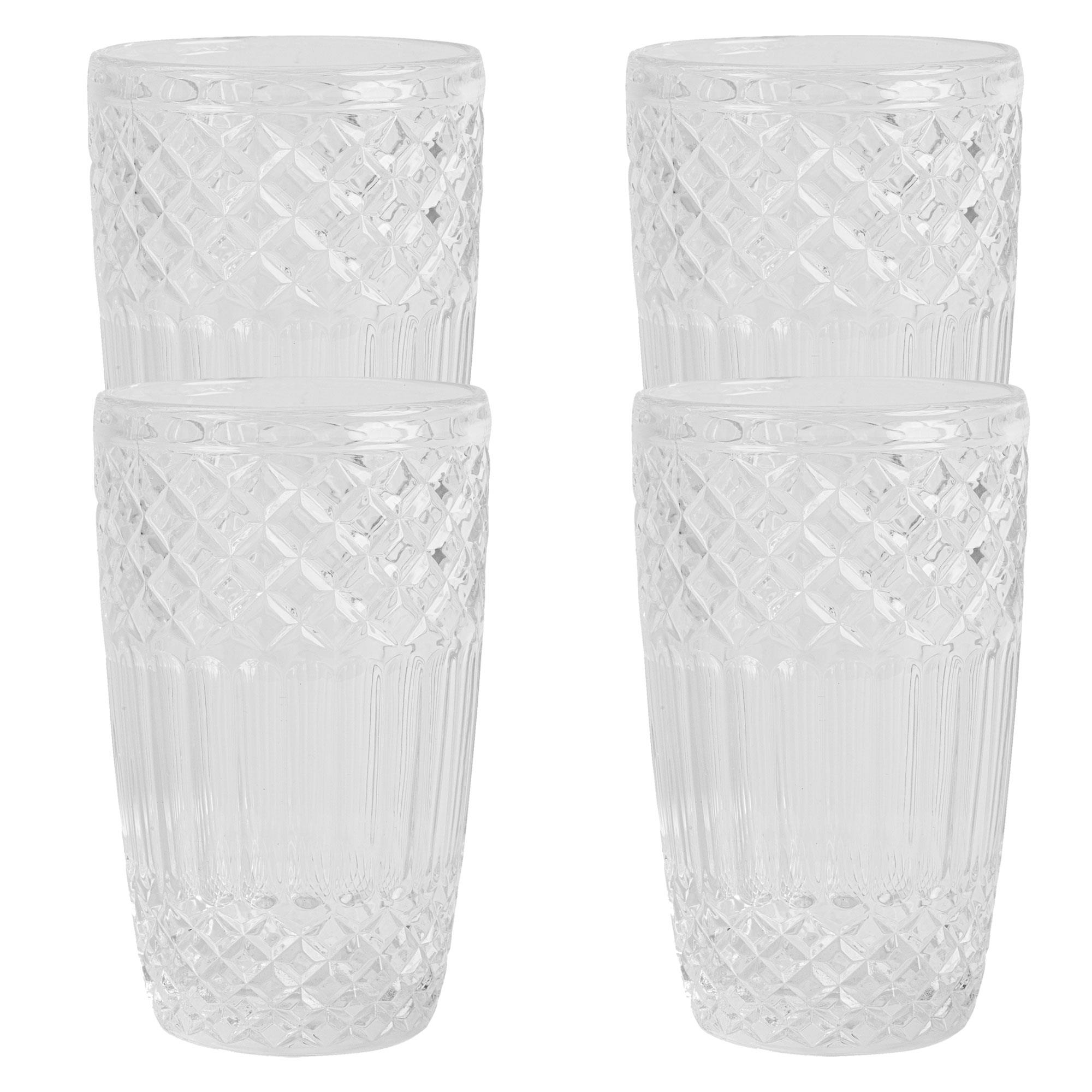Cuatro vasos transparentes con patrón de diamantes y estrías verticales.
