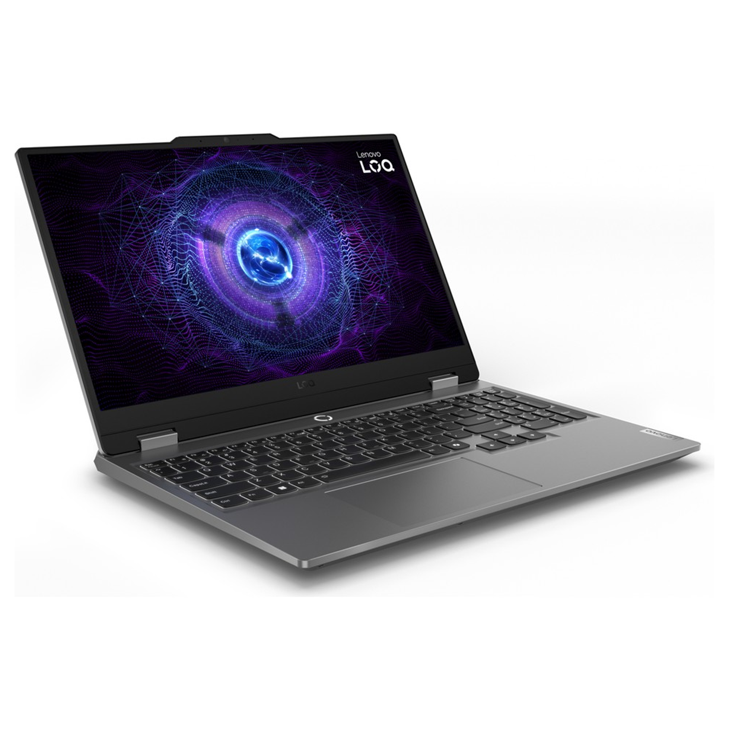 Ekranında soyut dijital grafik bulunan gri Lenovo dizüstü bilgisayar, aydınlatmalı klavyeli.