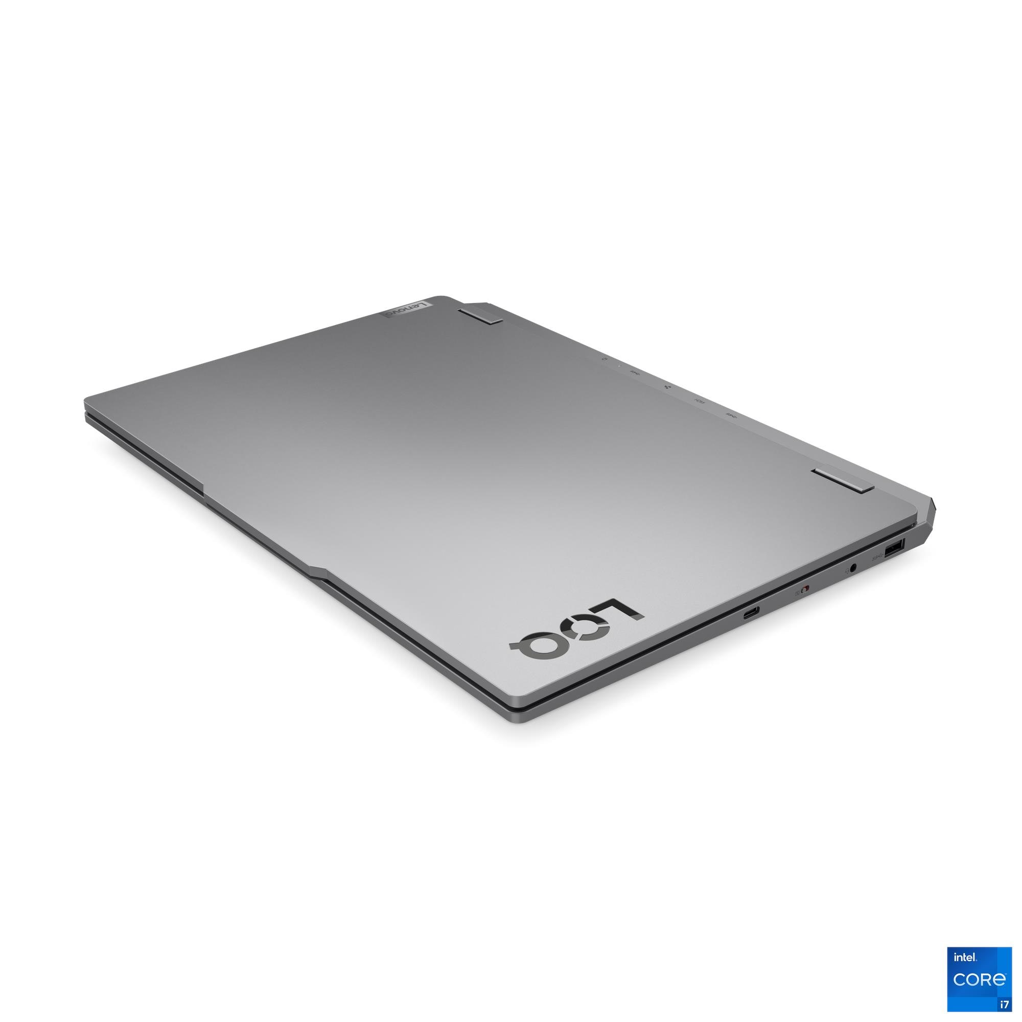 LQ logosu, USB-C bağlantı noktası ve Intel Core i7 etiketi bulunan kapalı gümüş dizüstü bilgisayar.
