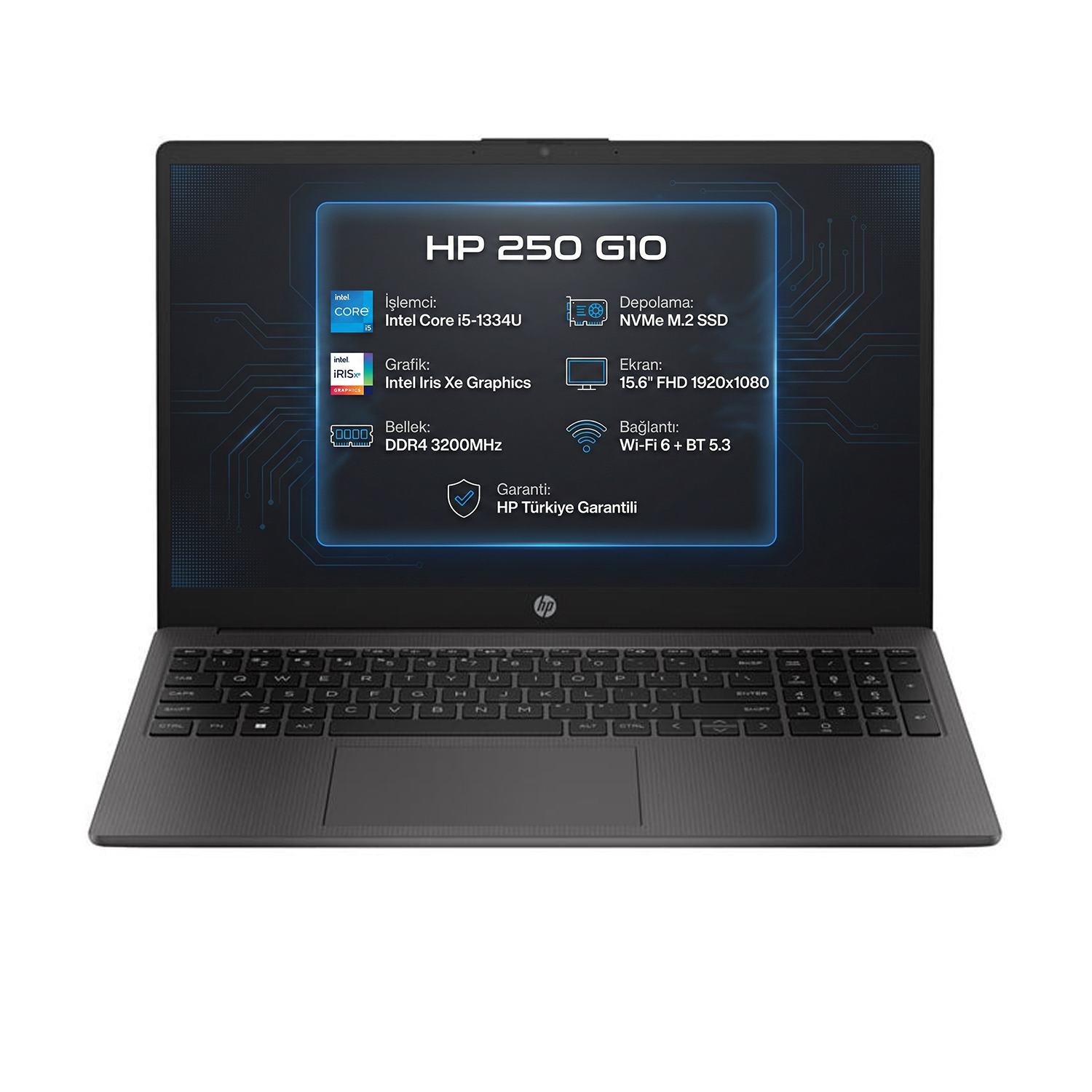 Intel Core i5-1334U işlemcili kapalı HP 250 G10 laptop, 15,6 inç ekranlı.