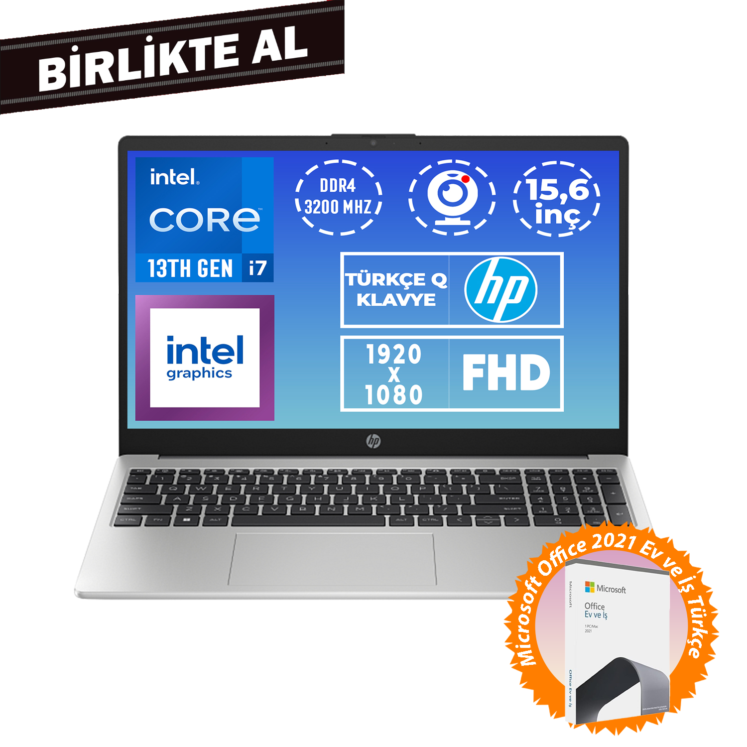 Intel Core i7 işlemcili, 15,6 inç FHD ekranlı, Microsoft Office'lı gümüş HP laptop.