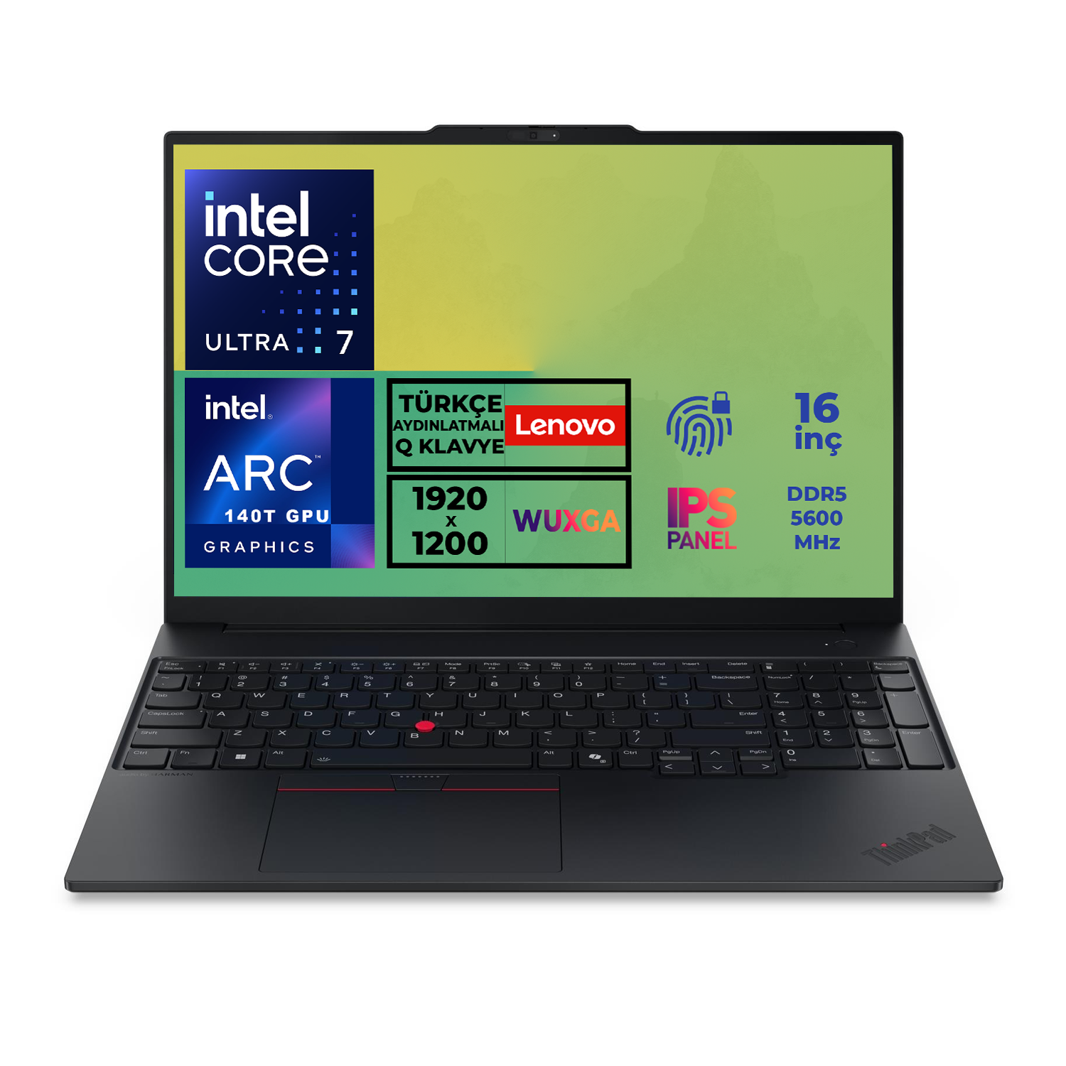 Intel Core Ultra 7, Arc grafik, 16 inç WUXGA IPS ekrana sahip siyah dizüstü.