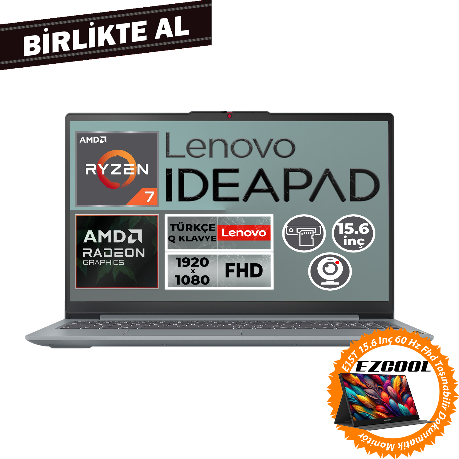 AMD Ryzen 7 işlemcili ve Radeon grafikli Lenovo Ideapad dizüstü bilgisayar.