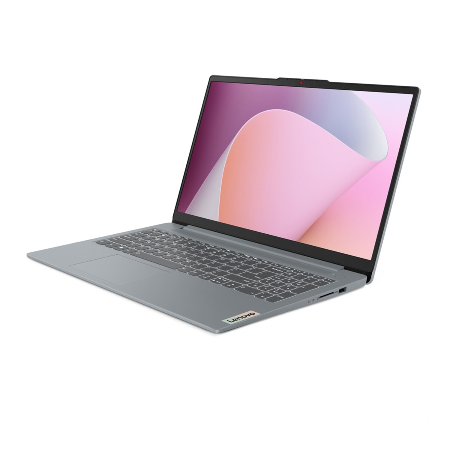 Ekranı açık, soyut pembe ve mor grafikler gösteren gri bir Lenovo dizüstü bilgisayar.