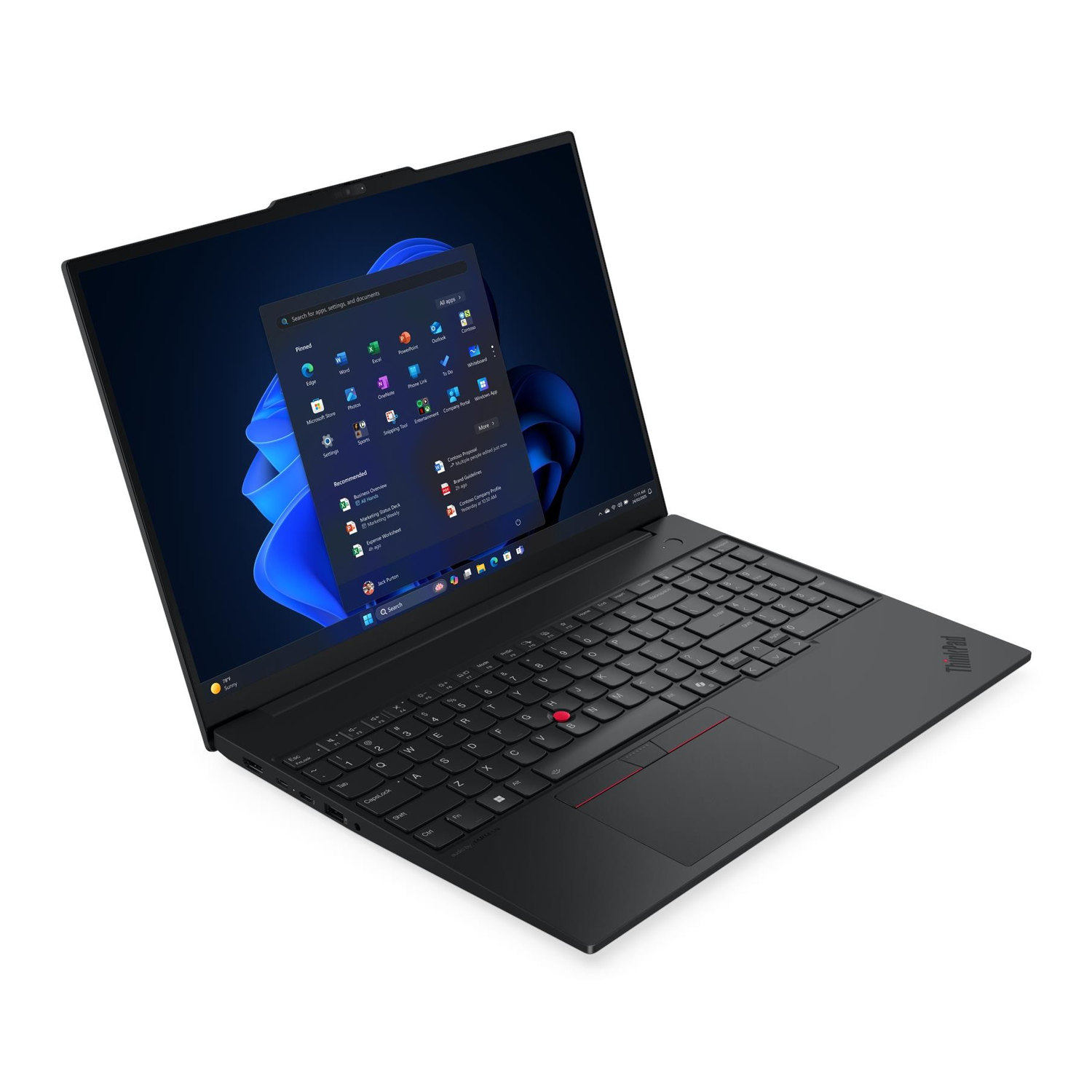 Açık Windows 11 Başlat menüsüne sahip siyah bir Lenovo ThinkPad dizüstü bilgisayar.