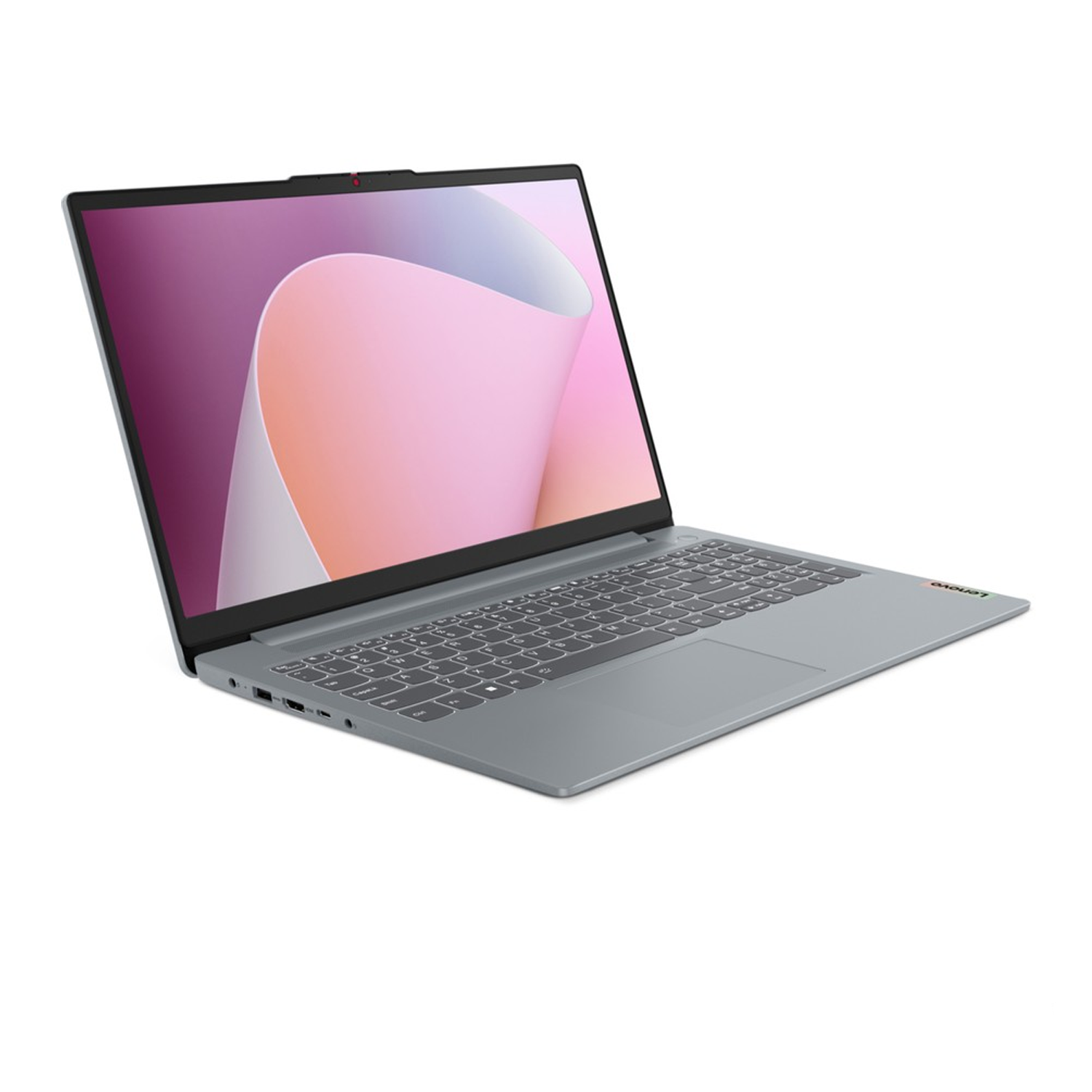 Ekranında pembe ve beyaz duvar kağıdı olan gri bir Lenovo dizüstü bilgisayar.