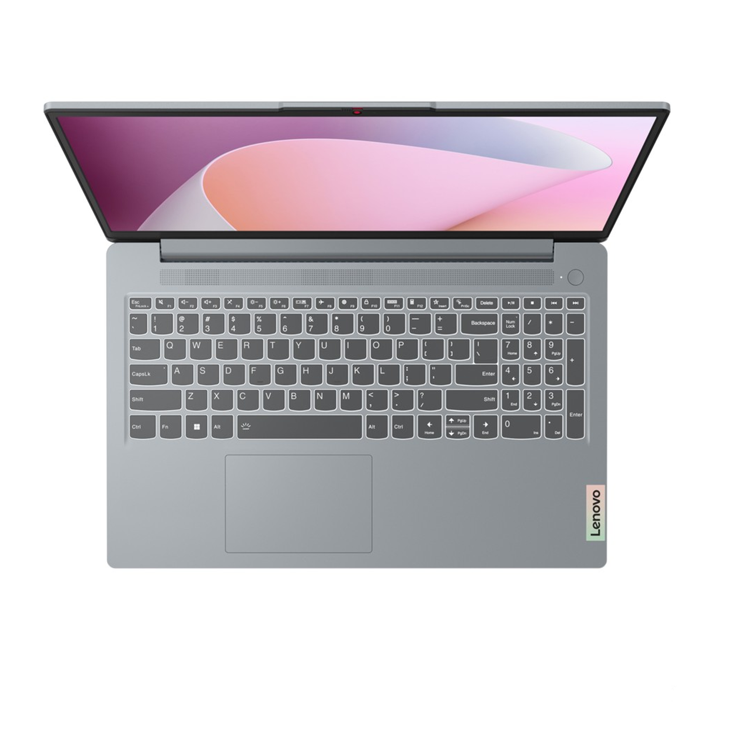 Klavyeli ve dokunmatik yüzeyli gri Lenovo laptop açık ekranlıdır.